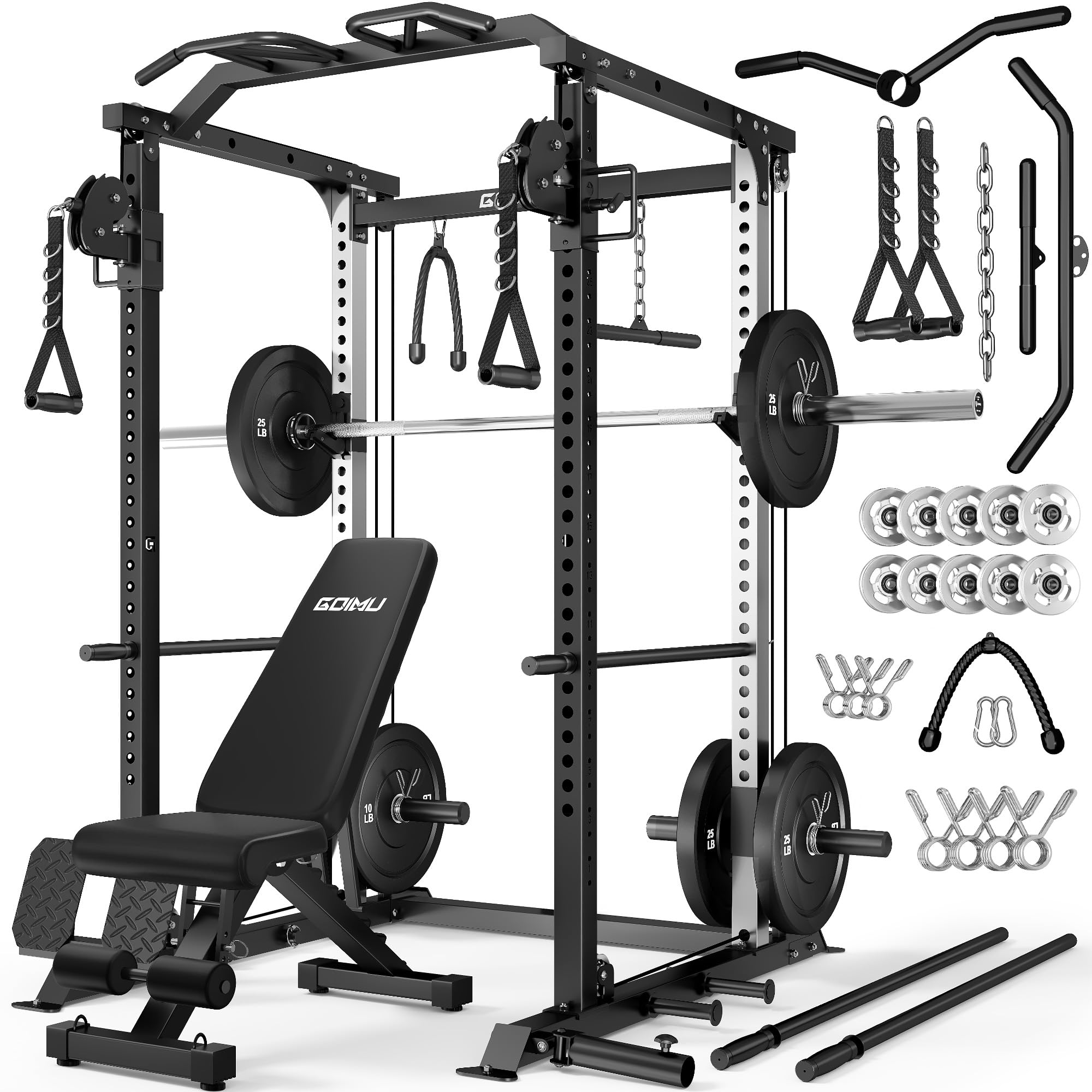 DP01 Power Cage, 2000LBS Squat Rack with Cable Crossover and Dual Independent Pulley System, Full Cage for Full Body Training, Power Rack with More Training Attachments for Home Gym