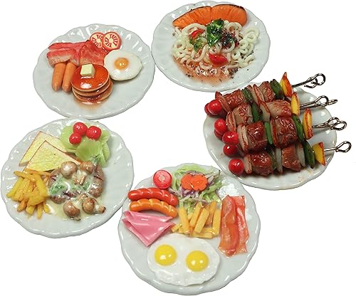 Juego de 5 alimentos para el desayuno en miniatura surtidos – panqueques, parrilla de barbacoa y espaguetis – Alimentos en miniatura hechos a mano