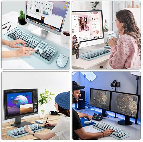 Miniatura 7 de Combo de teclado y mouse inalámbricos bonito teclado y mouse coloridos, teclado retro de tamaño completo con Plug & Play de 2.4 GHz, para Windows