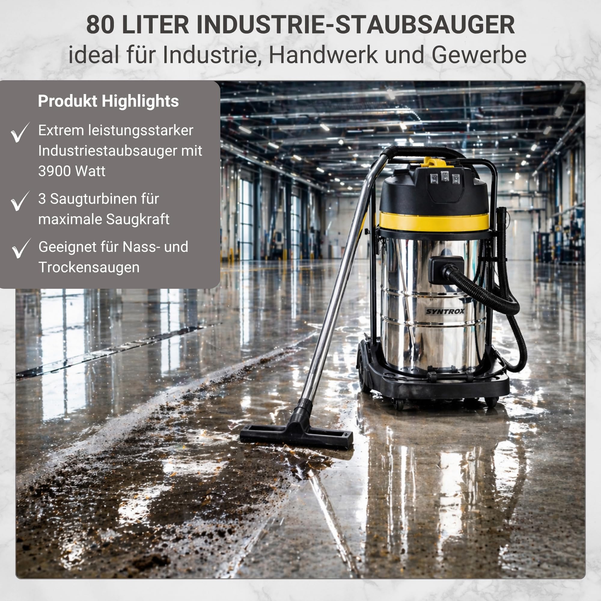 Syntrox Germany 3900 Watt 80 Liter Staubsauger Edelstahl Industriesauger Nass und Trockensauger