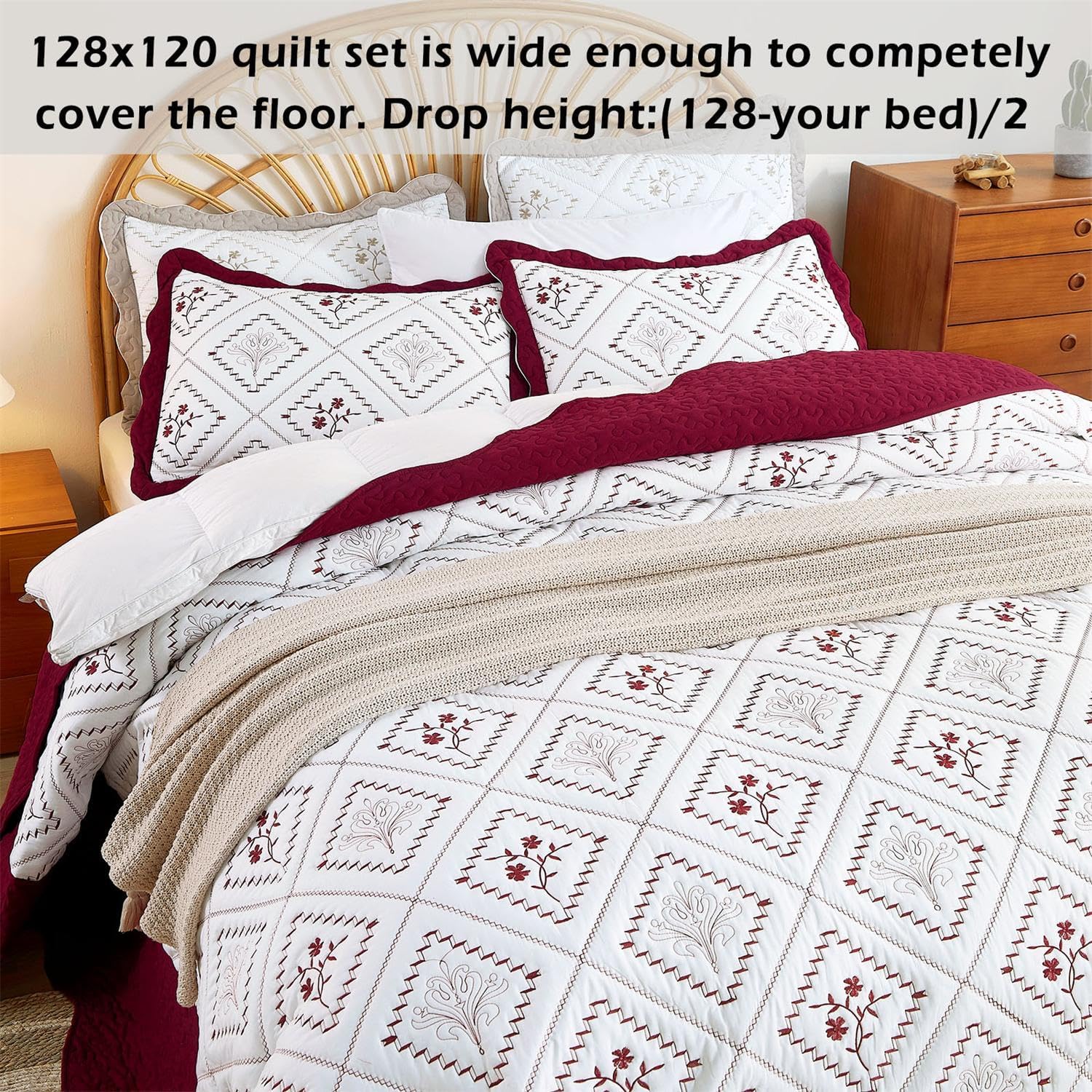 Cmfshape Oversized King Quilt Set Christmas Red-128x120 California King Bedspread with 2 Pillow Shams-Exquisite Embroidery Bedding Comforter for All Season-Lightweight Coverlet Drop to The Floor
