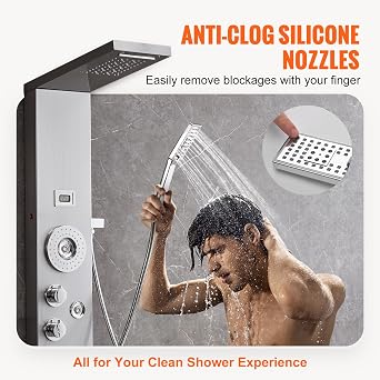 VEVOR Shower Panel System 6 Shower Modes LED and Display Shower Panel Tower Rainfall Waterfall 4 Body Massage Jets Tub Spout Handheld Shower 59 Inch Hose Wall Mounted Shower Set