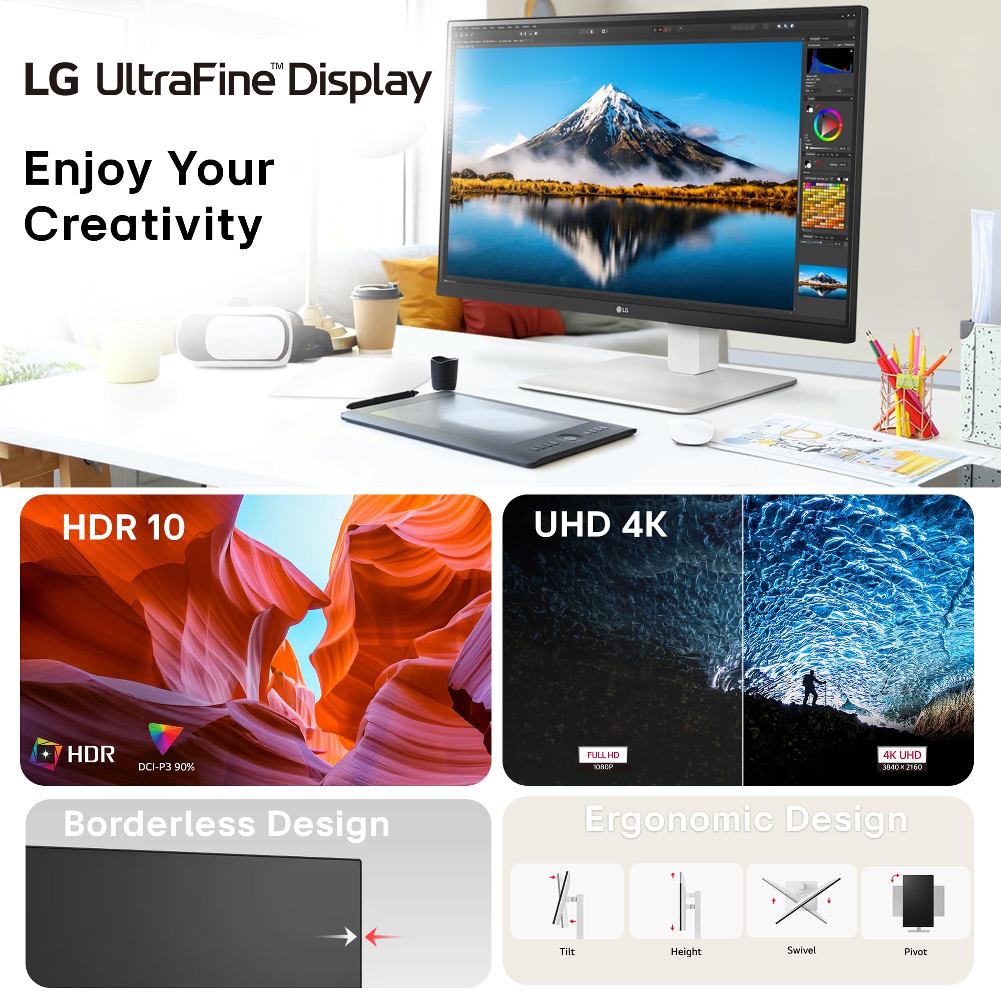 LG 27US550 Smartchoice 68 cm (27 Inch) Ultrafine UHD (3840x2160) IPS Monitor, HDR10, DCI-P3 90%(Typ.), 3-Side Virtually Borderless, Anti-Glare, DP, HDMIx 2, Tilt/Height/Swivel/Pivot Adjustment (White) — Amazon image 3