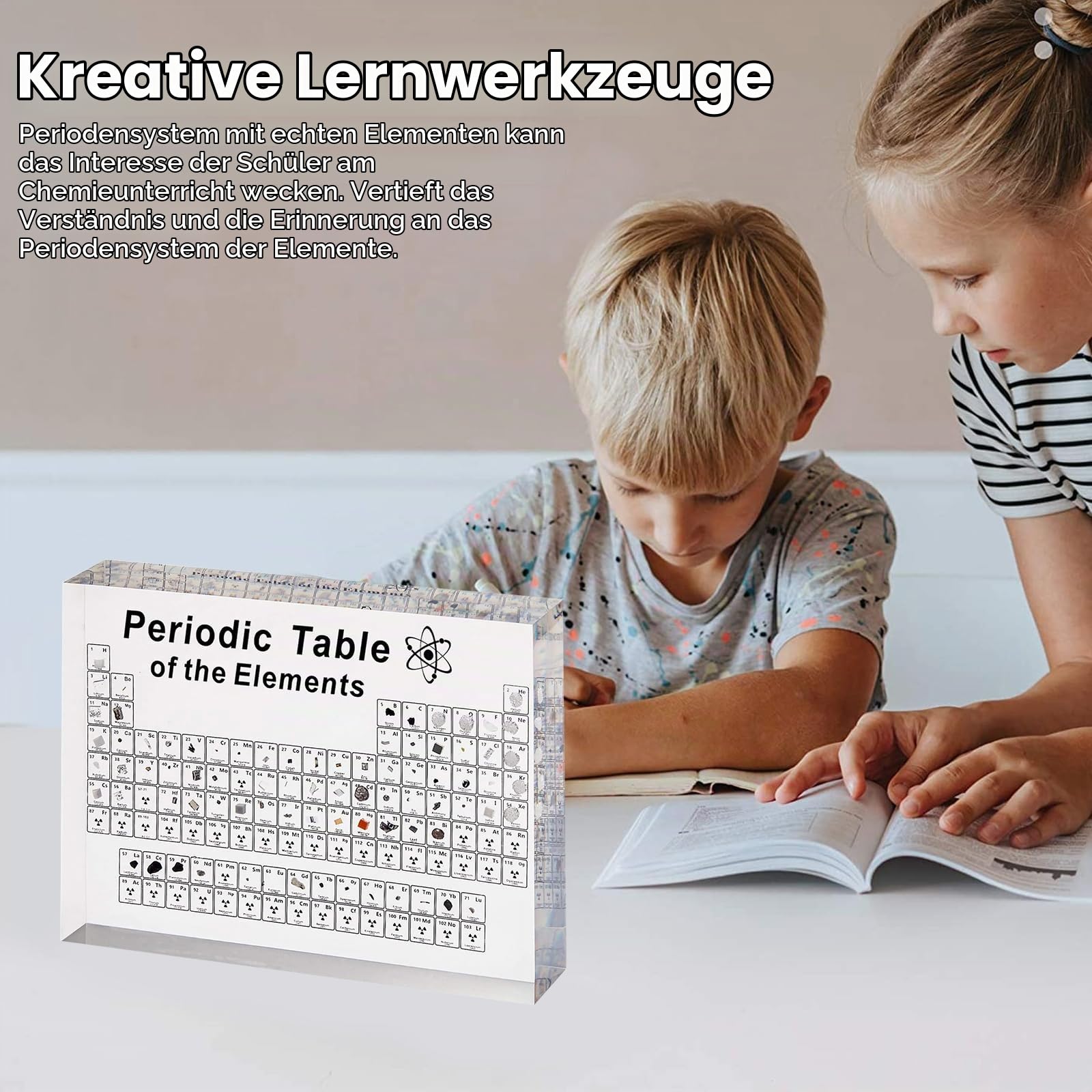 Periodensystem mit Echten Elementen im Inneren, Acryl Periodic Table of 83 Elementen, Proben Periodensystem Display Geschenk für Schüler Lehrer Kinder Studenten Handwerk (16x12x2.7cm Without Base)