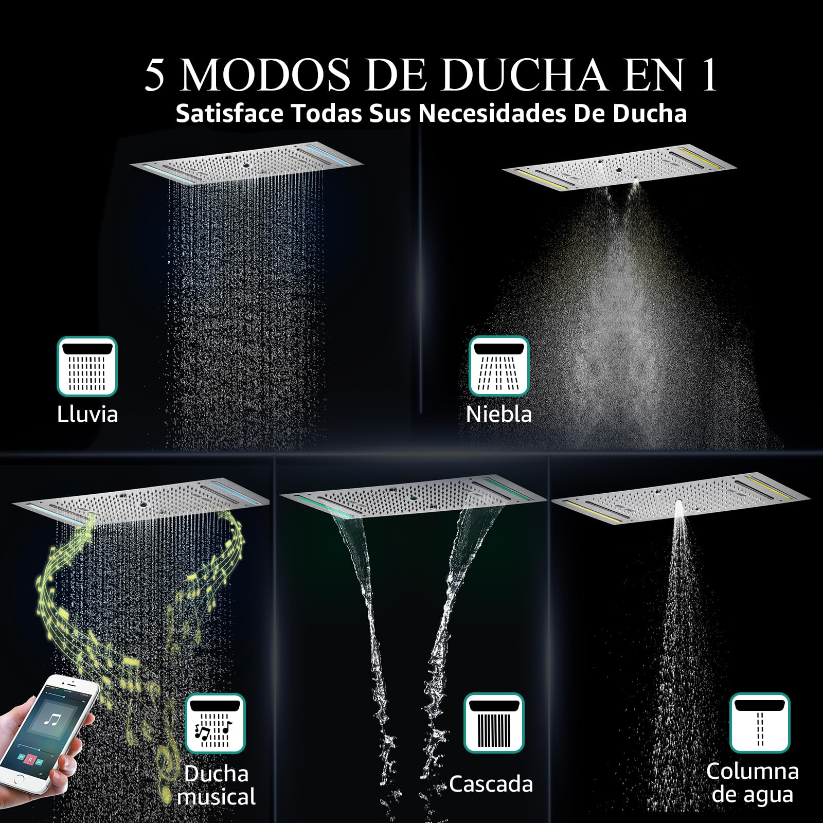Columna Ducha Termostática con LED, Sistema de Ducha Música Empotrada RGB 64 Colores, con Ducha de Mano, el 5 Modos Cabezal de Ducha De 638 X 338 mm, Latón y Acero Inoxidable (Dorado)
