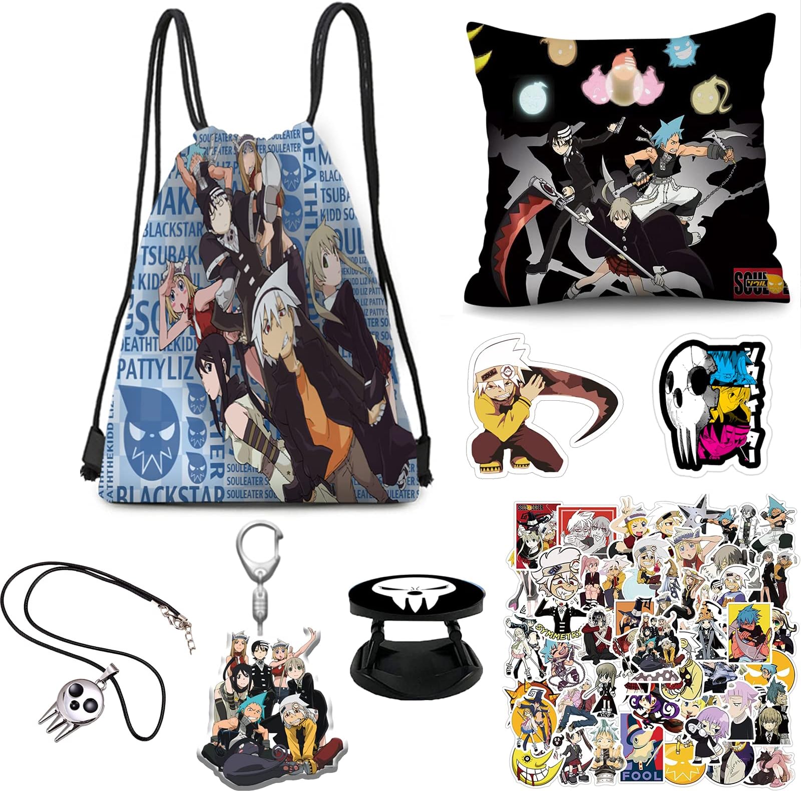 Soul Eater Merch, Backpack,Bag Phone Holder,Buttons Pins,Pillow Case,50PCS Stickers Necklace Keychain (A)