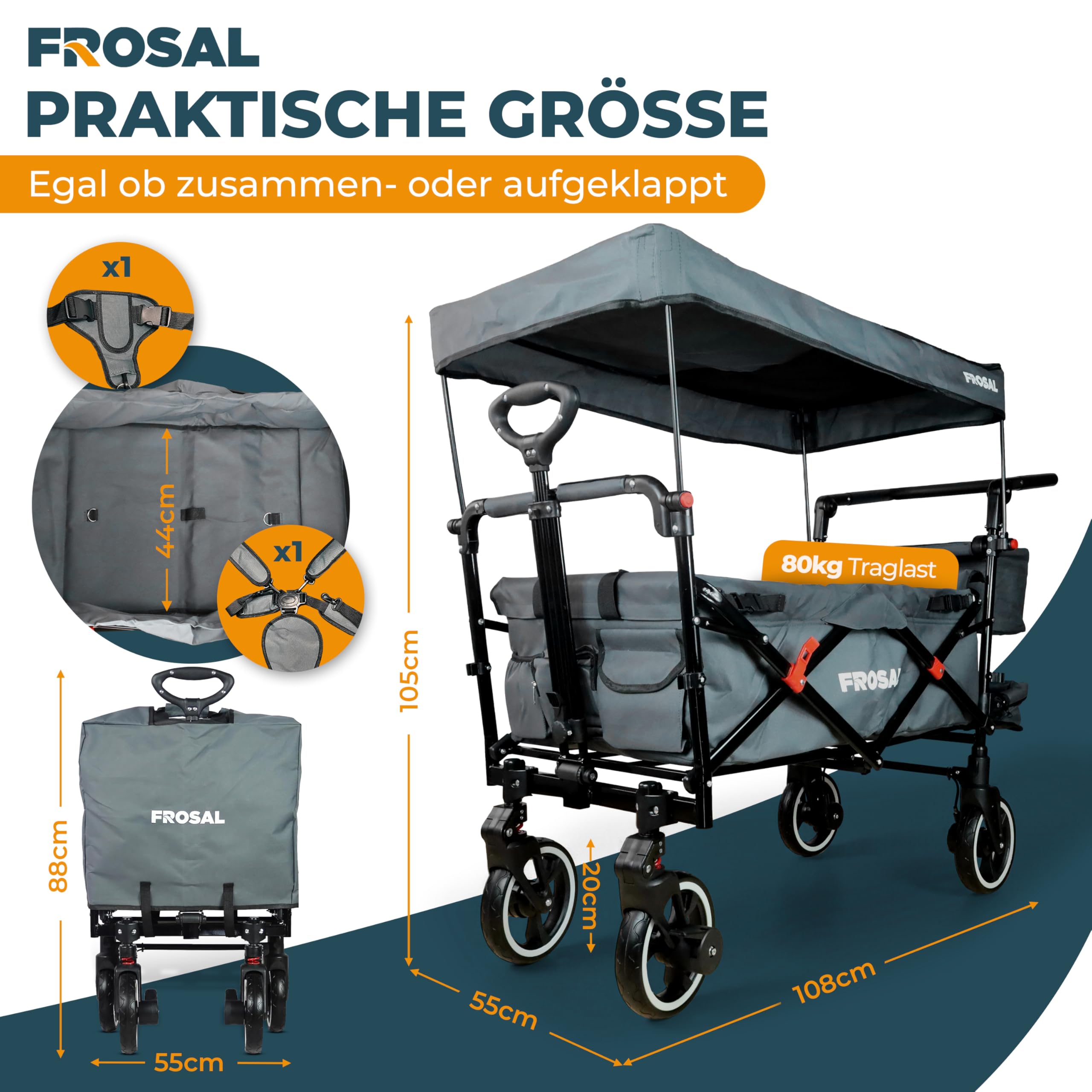 FROSAL Bollerwagen Paul faltbar mit Dach – Handwagen klappbar für Kinder, Strand, Camping & Garten – 80kg belastbar – gefederte Räder, Bremse, Schiebegriff & Zugstange – grau