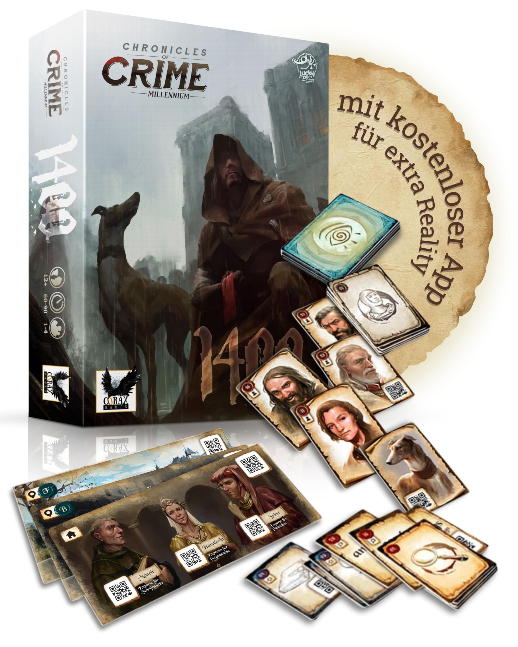 CORAX GAMES Chronicles of Crime - Millennium 1400 Brettspiel I Mittelalterliches Detektivspiel mit Visionskarten & App-Ermittlung I Narratives Krimispiel für 1-4 Spieler ab 12 Jahren