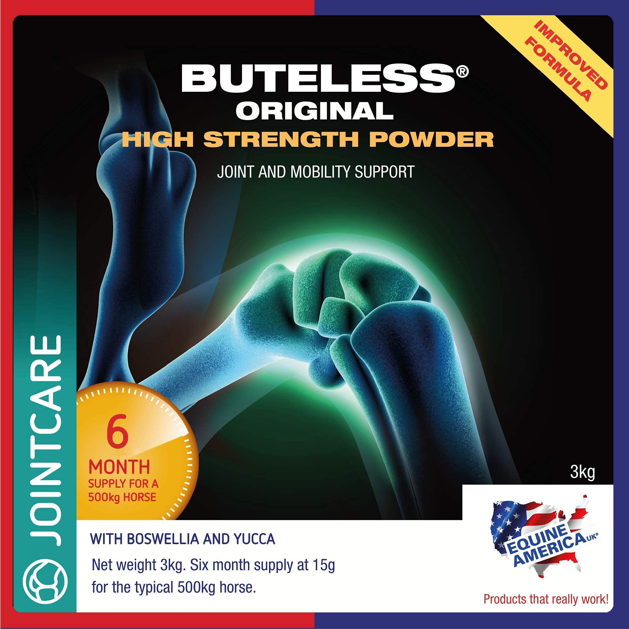Polvo Original de Alta Resistencia Equine America Buteless | Premium Listo para el Uso del suplemento Horse & Pony | Soporte para articulaciones y Movilidad | 3 kg