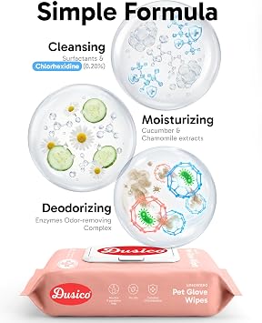 Dusico Pet Glove Wipes with Microfiber Towel (20 Pack) Unscented Chlorhexidine Dog Wipes Oil-Free & Aloe-Free Hypoallergenic Cat Grooming Gloves. Deodorizing Formula with Cucumber & Chamomile
