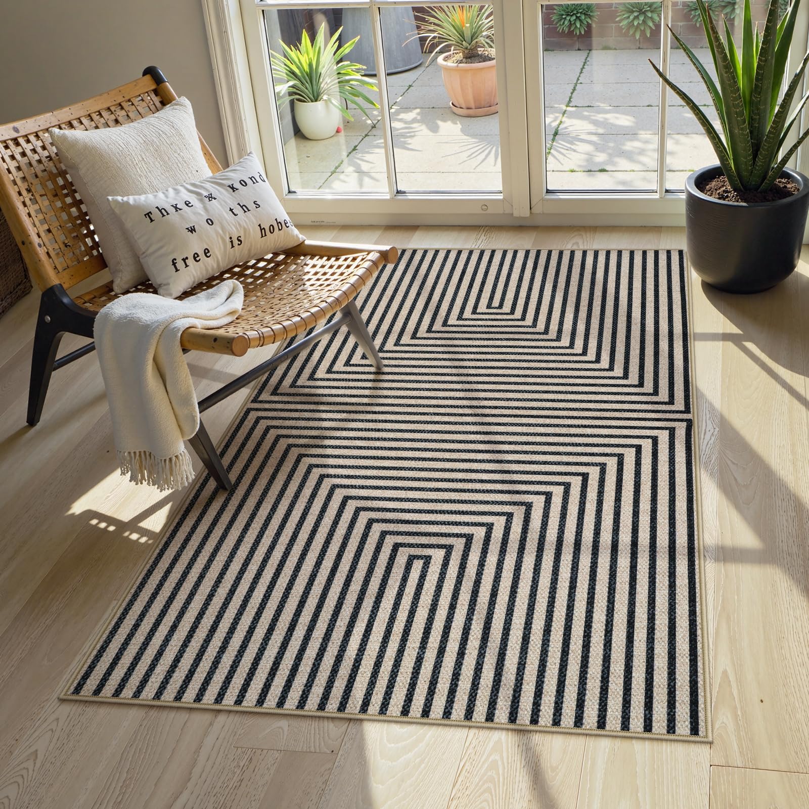 Collive 3x5 Easy Jute Outdoor Entryway Rug, Washable Modern Geometric Indoor Carpet Black Neutral Small Area Rugs, Non Slip Woven Kitchen Mats for