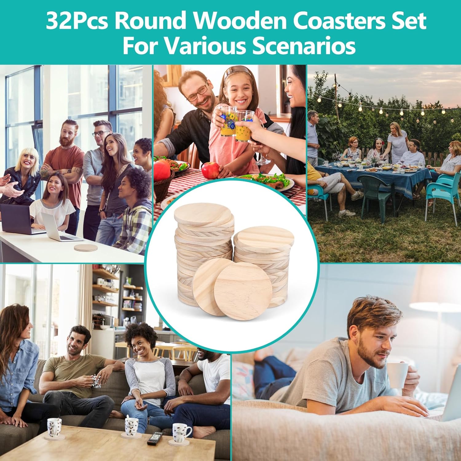 Adrattnay 32Pcs Unfinished Wood Coasters, 4" Round Wooden Coasters Tabletop Protection with Non-Slip Dot for Drinks, 9mm Blank Wood Coasters Bulk for Laser Engraving Painting Wood Burning Crafts