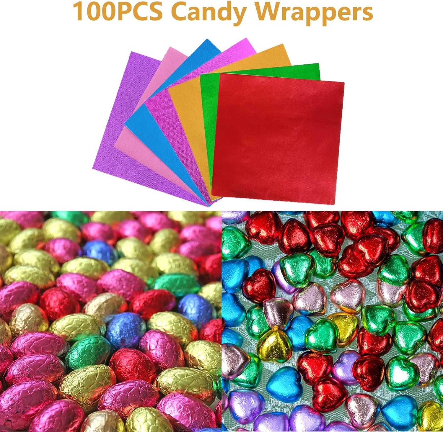 100PCS Foil Candy Wrappers, 4 x 4 Inch Square Aluminium Foil Wrappers for DIY Candies, Chocolate, Cake (Gold)
