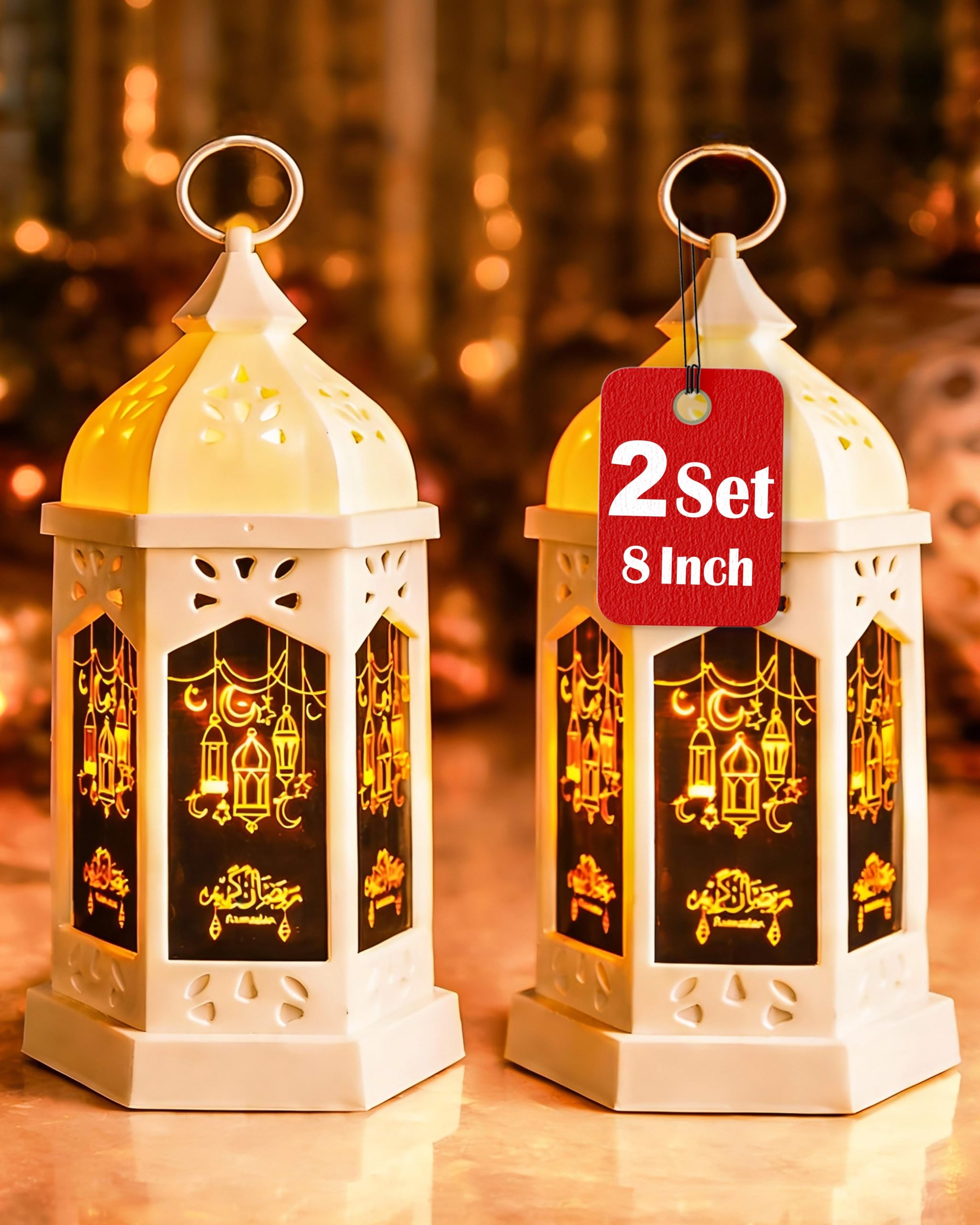 OLEEK Ramadan Lantern (2PCs-8in) - Ramadan Decorations for Home 2025 - Ramadan Gifts for Kids - Ramadan Lights - Ramadan Table Decor - Ramadan Lantern Lights - Ramadan Lanterns فانوس رمضان كريم ديكور