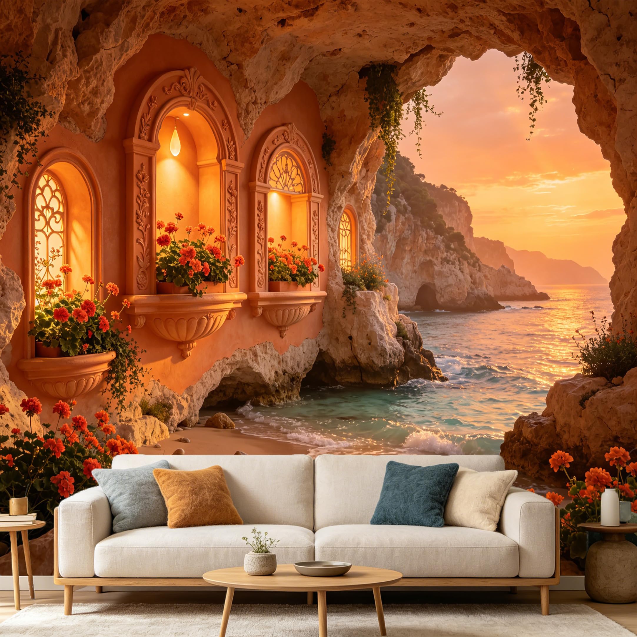Custom Size Wall Mural， Mediterranean Sunset Sea Cave Coastal Archway Flowers， SelfAdhesive Art Prints wall Fabric Removable Large Wallpaper Home Living Room Decor