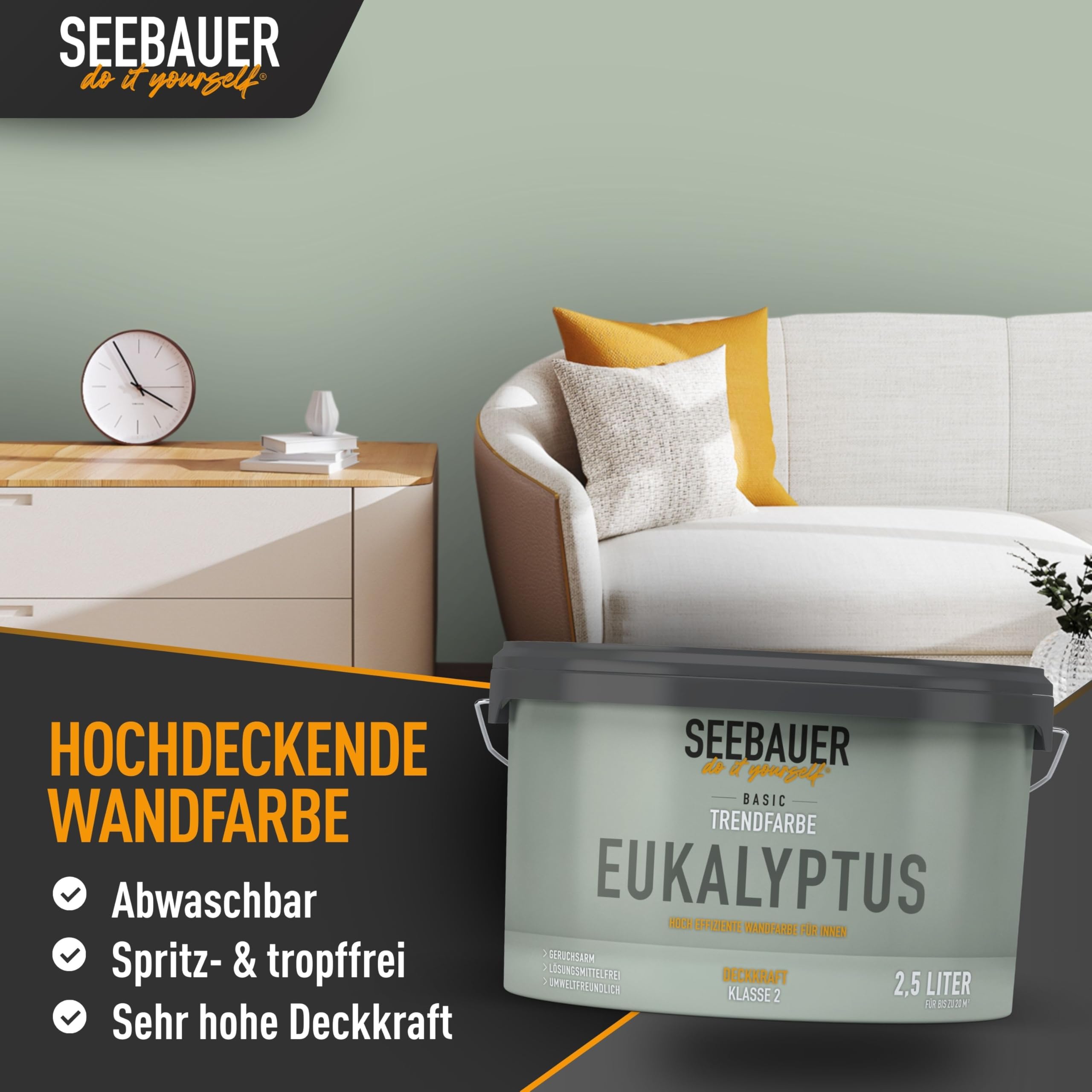 Trendfarbe Hellgrün 2,5L (No. T10 Eukalyptus) für den Innenbereich - Edelmatte Wandfarbe Grün - Hochdeckende Innenfarbe in Profi-Qualität
