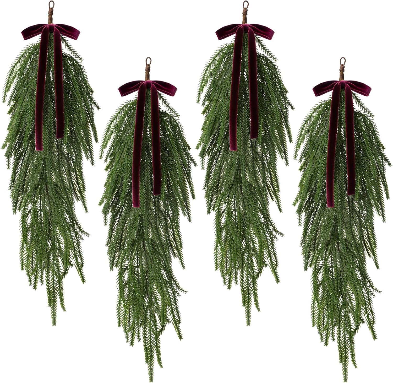 Shihanee 4 Pack 24 Inch Christmas Teardrop Swags with Rustic Velvet Ribbon Bow Artificial Realistic Norfolk Pine Greenery Swag for Festive Holiday Door Wall Home Porch and Mantel Décor(Burgundy) Burgundy 24 Inch