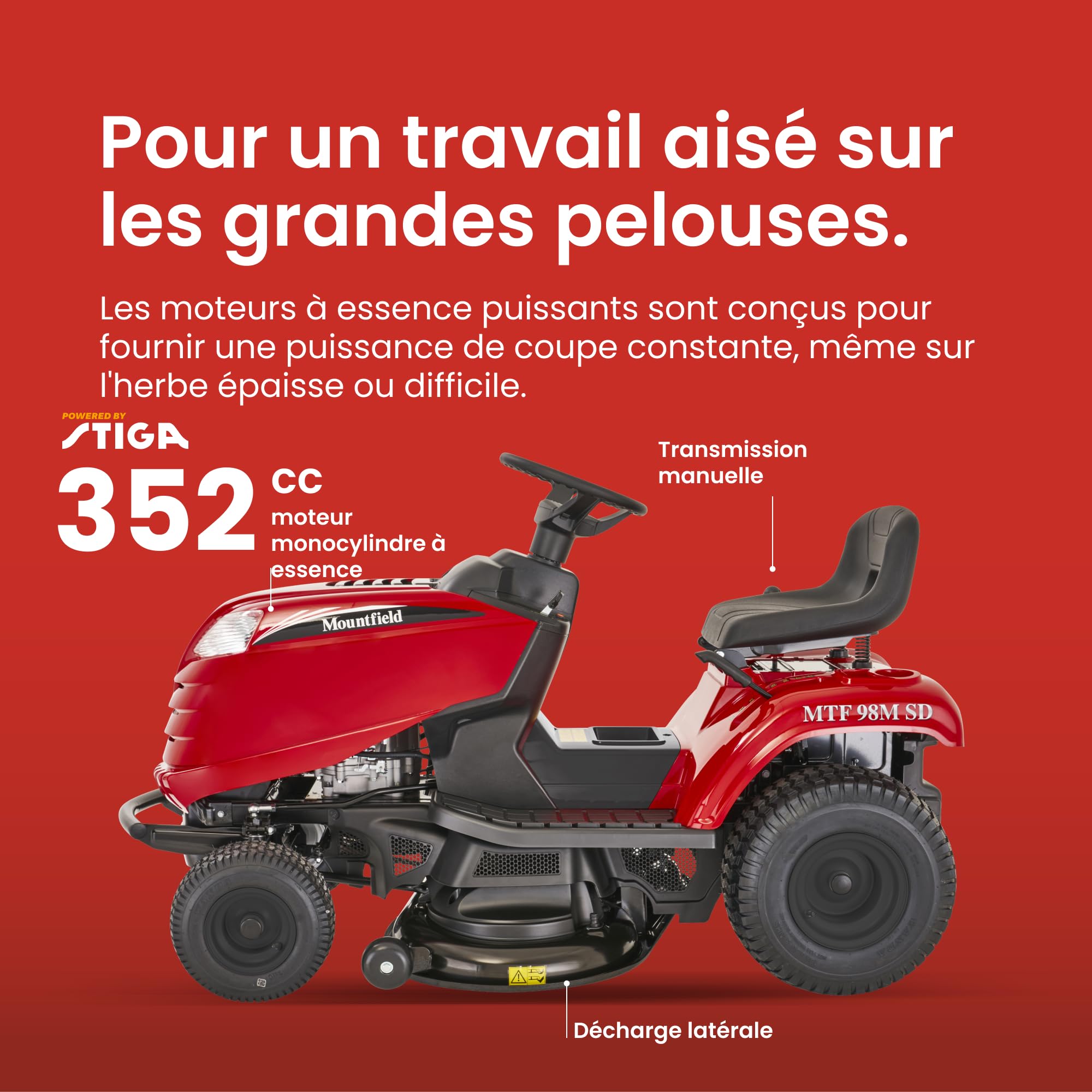 Mountfield Tracteur MTF 98M SD, 98 cm – Transmission Manuelle, Éjection Latérale – Pelouses Jusqu'à 8 000 m²