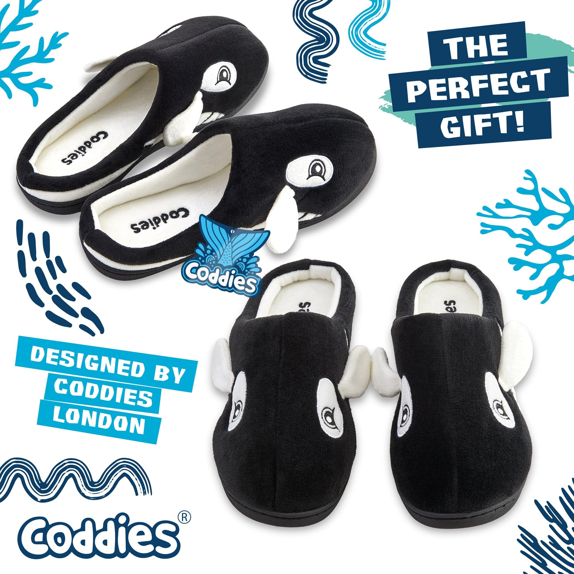 Coddies Orca Slippers | Plush Fish Shoes - Animal House Slides - Memory Foam - Gag Gift for Men, Women & Kids