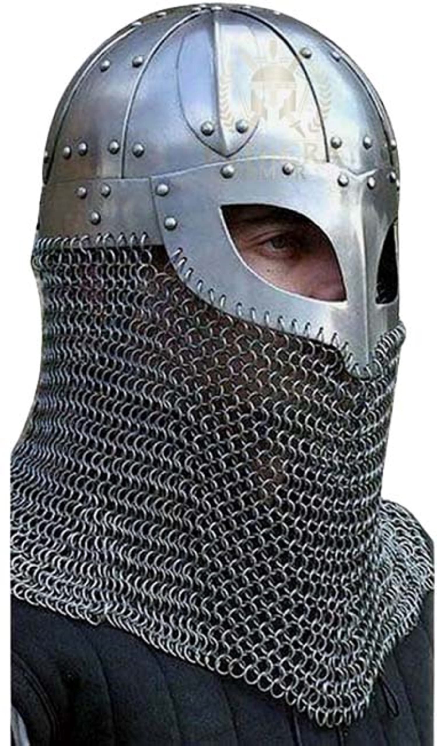 Medieval Viking Helmet Battle Armor 18G Steel and Chainmail | Knight Helmet Armor for Cosplay | Wearable (Silver)