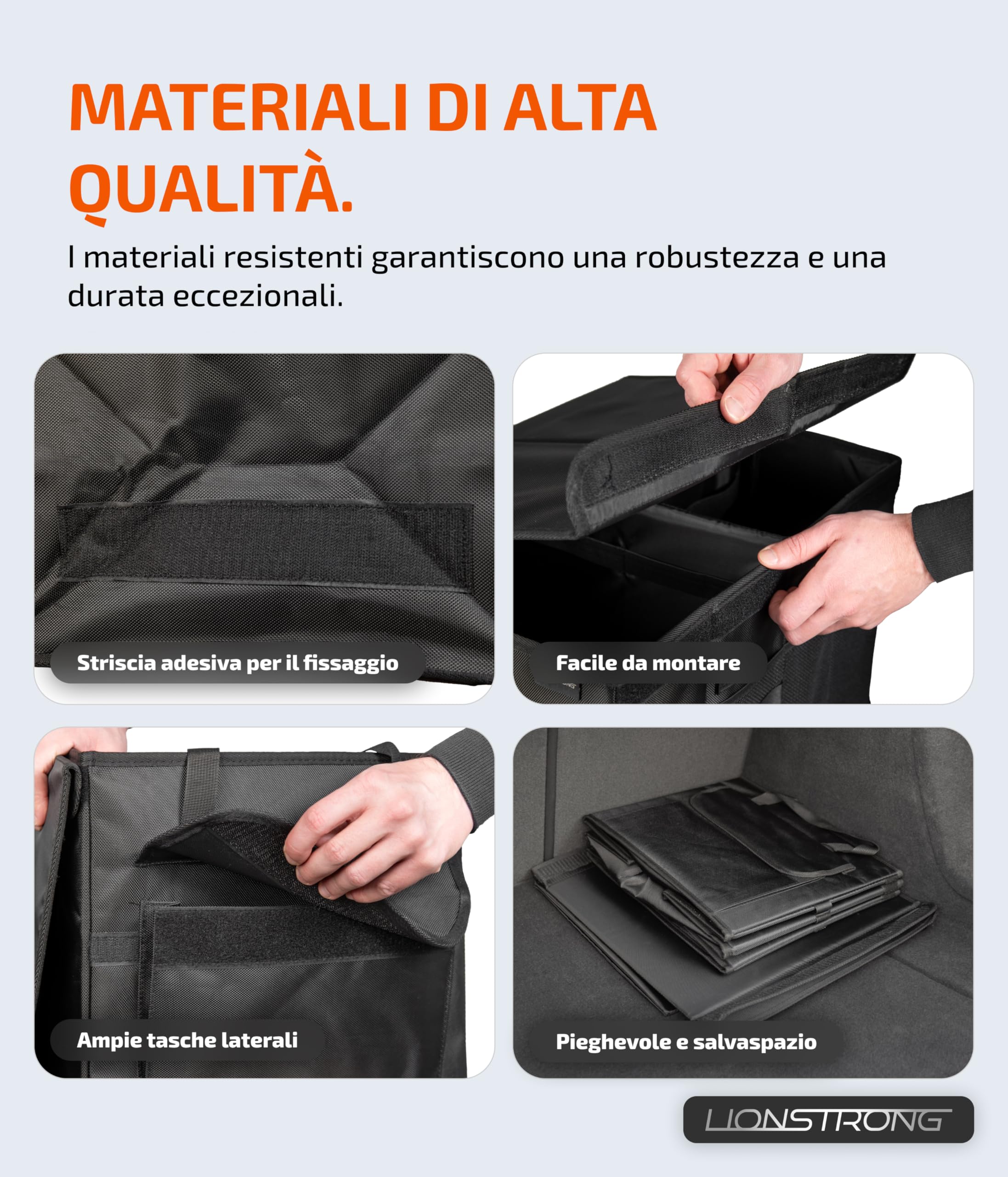 LIONSTRONG® Box Organizer da Bagagliaio – Contenitore pieghevole e antiscivolo con maniglie e scomparti per city car, berline e SUV – Ideale per spesa, attrezzi e viaggi – Robusto e compatto