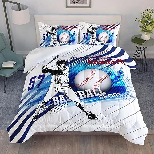 AILONEN Juego de edredón de béisbol tamaño individual, juego de ropa de cama de campeón de la liga de atletas de béisbol, juego de edredón de estilo