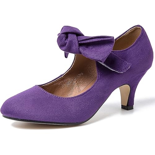 LIURUIJIA Women's Bow Heels Mary Jane Kitten Heel Pumps Round Toe Low Heels Ankle Strap Wedding Evening Party Dress Shoes
