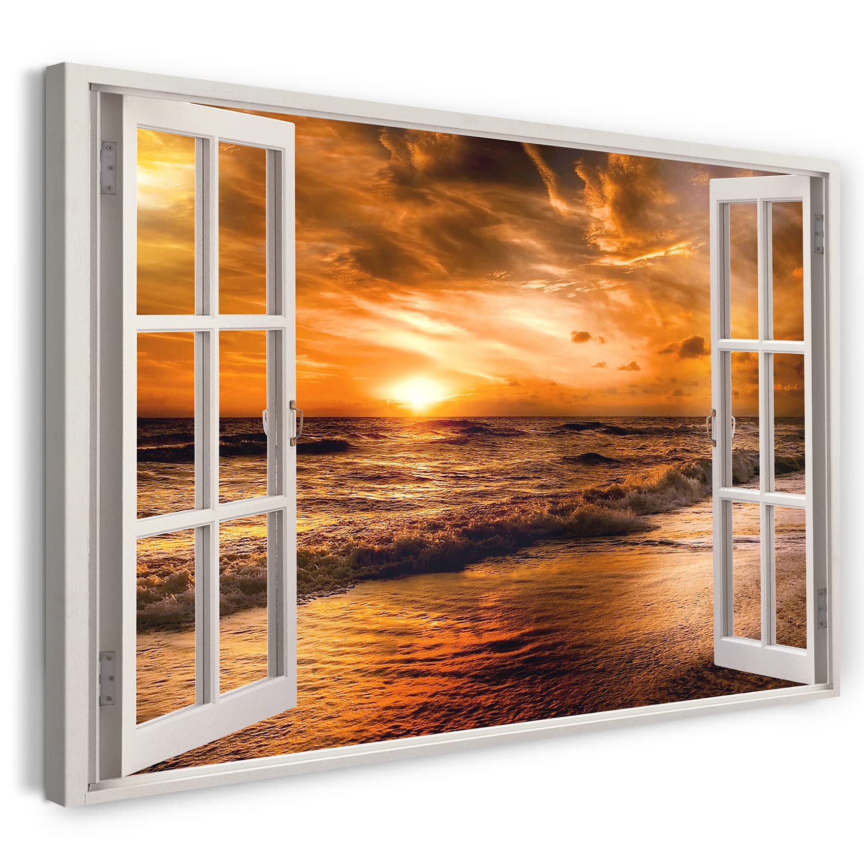 Print on Canvas (100x70 cm) view from the window - sunset sea beach summer holiday - nature photography, real wood frame with hook