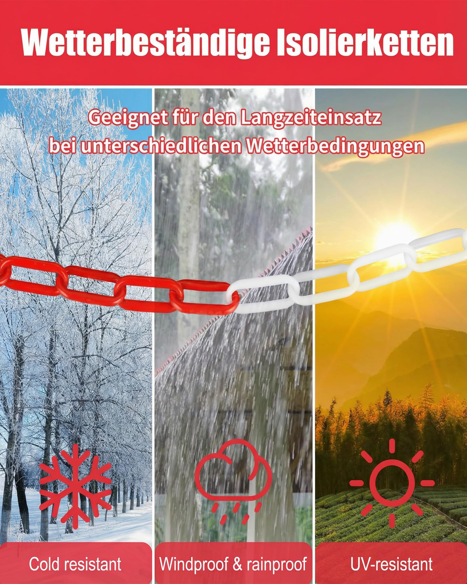Chaîne de signalisation rouge et blanc en plastique : Generic 25 m x 8 mm Chaîne de signalisation en plastique pour barrières temporaires Résistant aux UV pour installations extérieures pour les