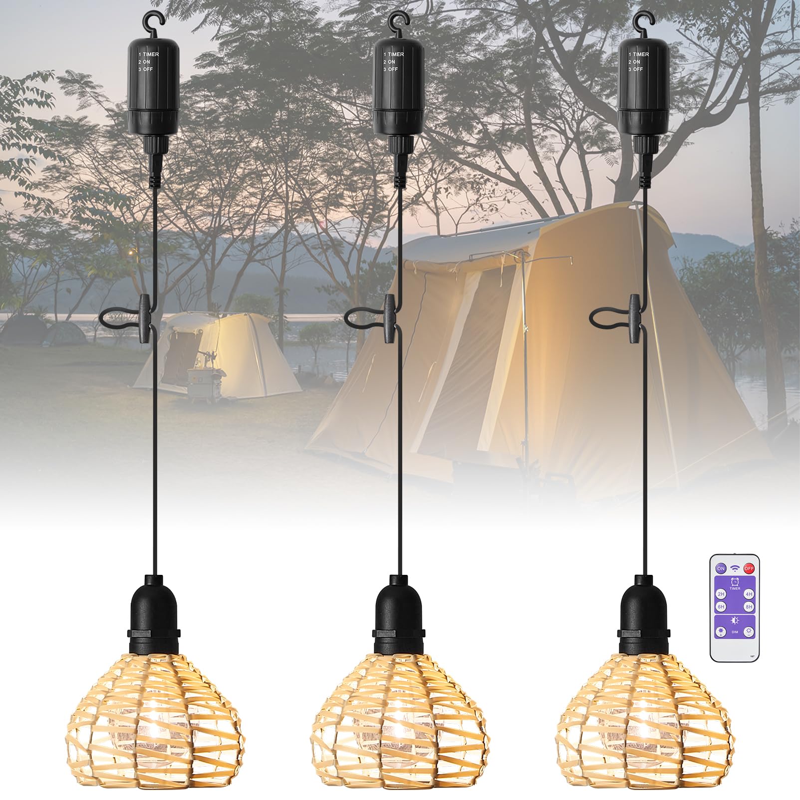 3 Sztuki Lampy Wiszące Na Zewnątrz, Akumulatorowe Lamp Wiszących Boho Z Rattanu Z Baterią, Wodoodporne Z Pilotem, ściemnialne Lampy Wiszące Bez Zasilania Do Namiotu, Kempingu, Ogrodu