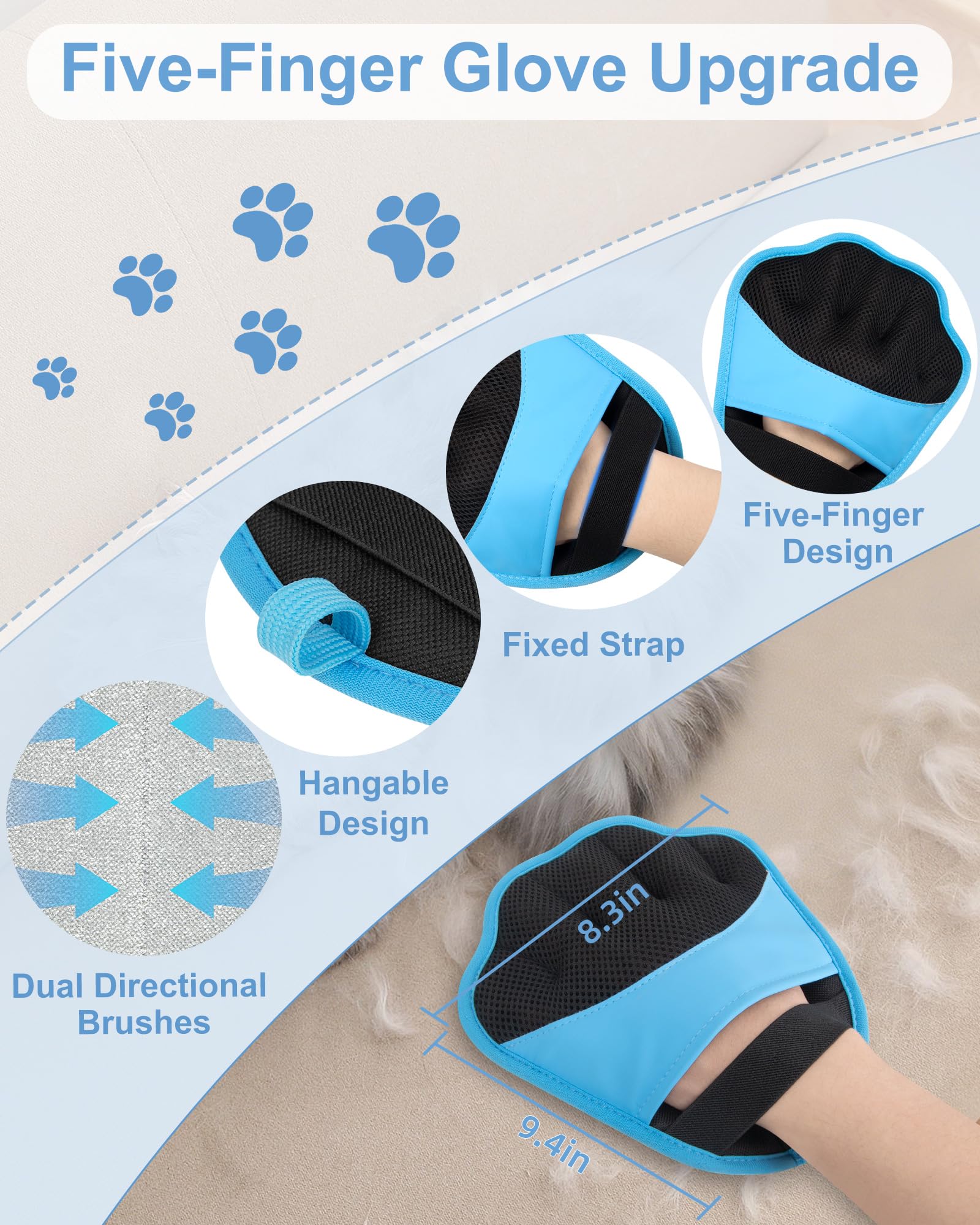 Upgraded Pet Hair Removal Glove, 2 Pair Five-Finger Electrostatic Pet Hair Removal Glove for Cats & Dogs, Reusable Magic Brush for Laundry, Couch, Carpet, Car Seat, Pet Hair Remover Tool (Blue) - 3