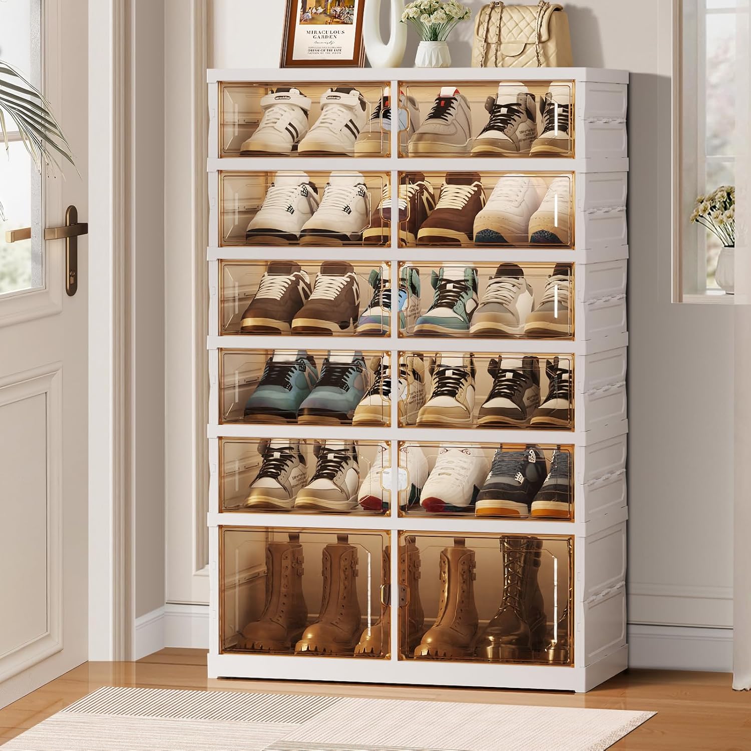 6-Tier Foldable Shoe Rack Organizer for Closet, 18 Pairs Collapsible Plastic Shoe Shelf, Large Shoes Cabinet with Door, Clear Stackable Storage Box Easy Assembly White