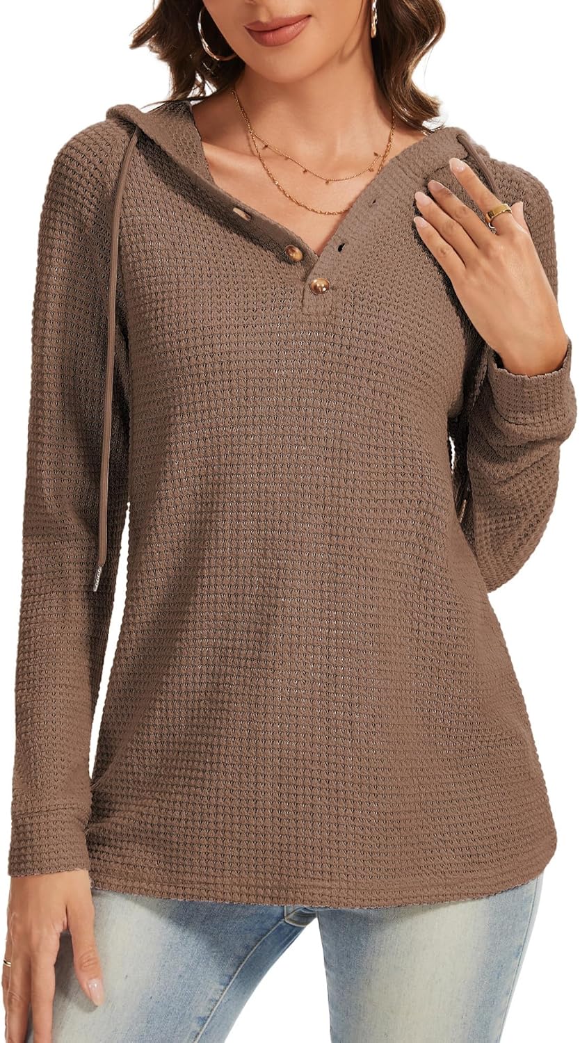 Hoodies for Women Waffle Knit V Neck Oversized Sweatshirt Button Down Drawstring Hooded Pullover Tops for Fall 2025 - Image 2