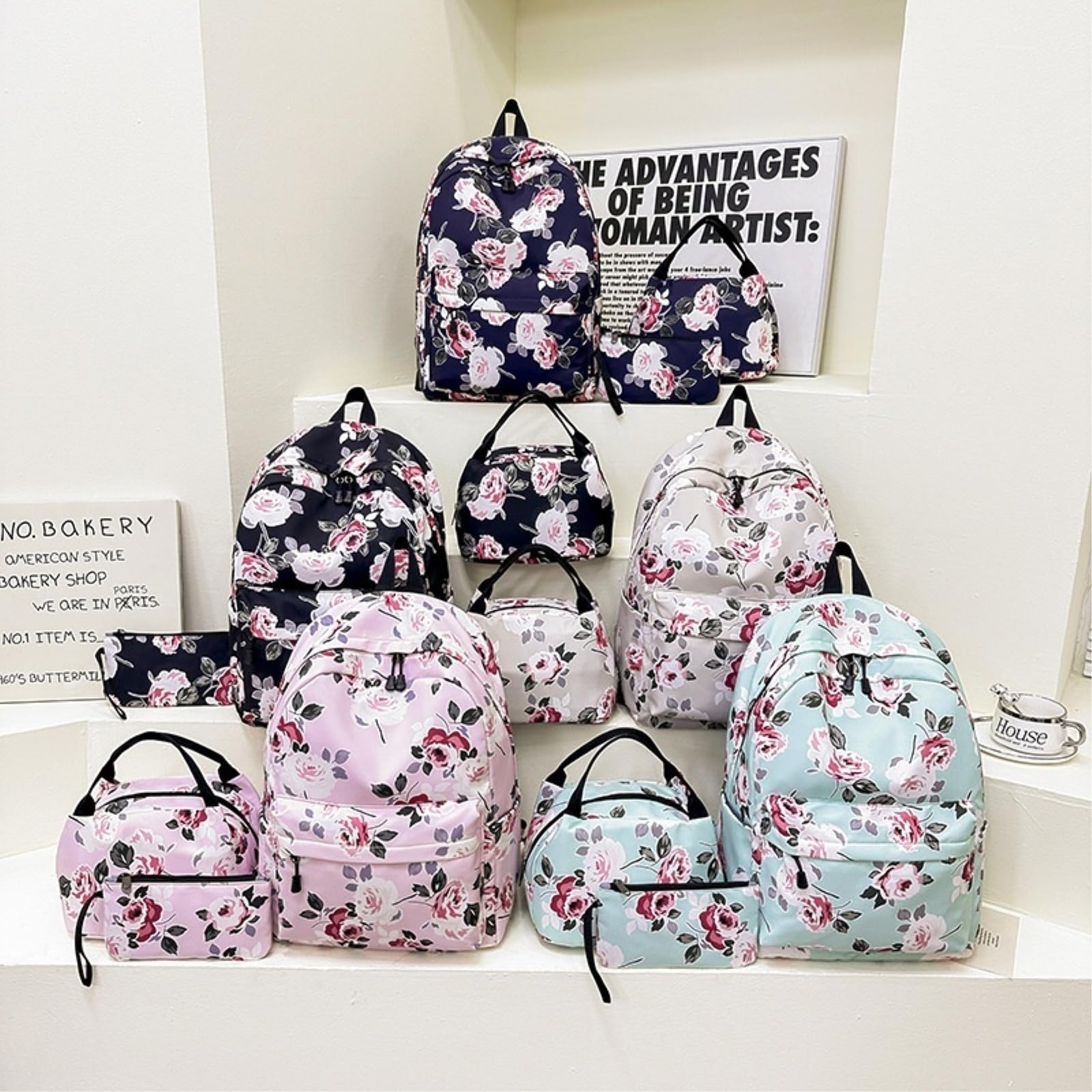 Zaino da Viaggio Rosa Floreale 3-in-1 Set per Scuola Resistente all'Acqua con Borsa A Pranzo E Custodia Matita Ragazze