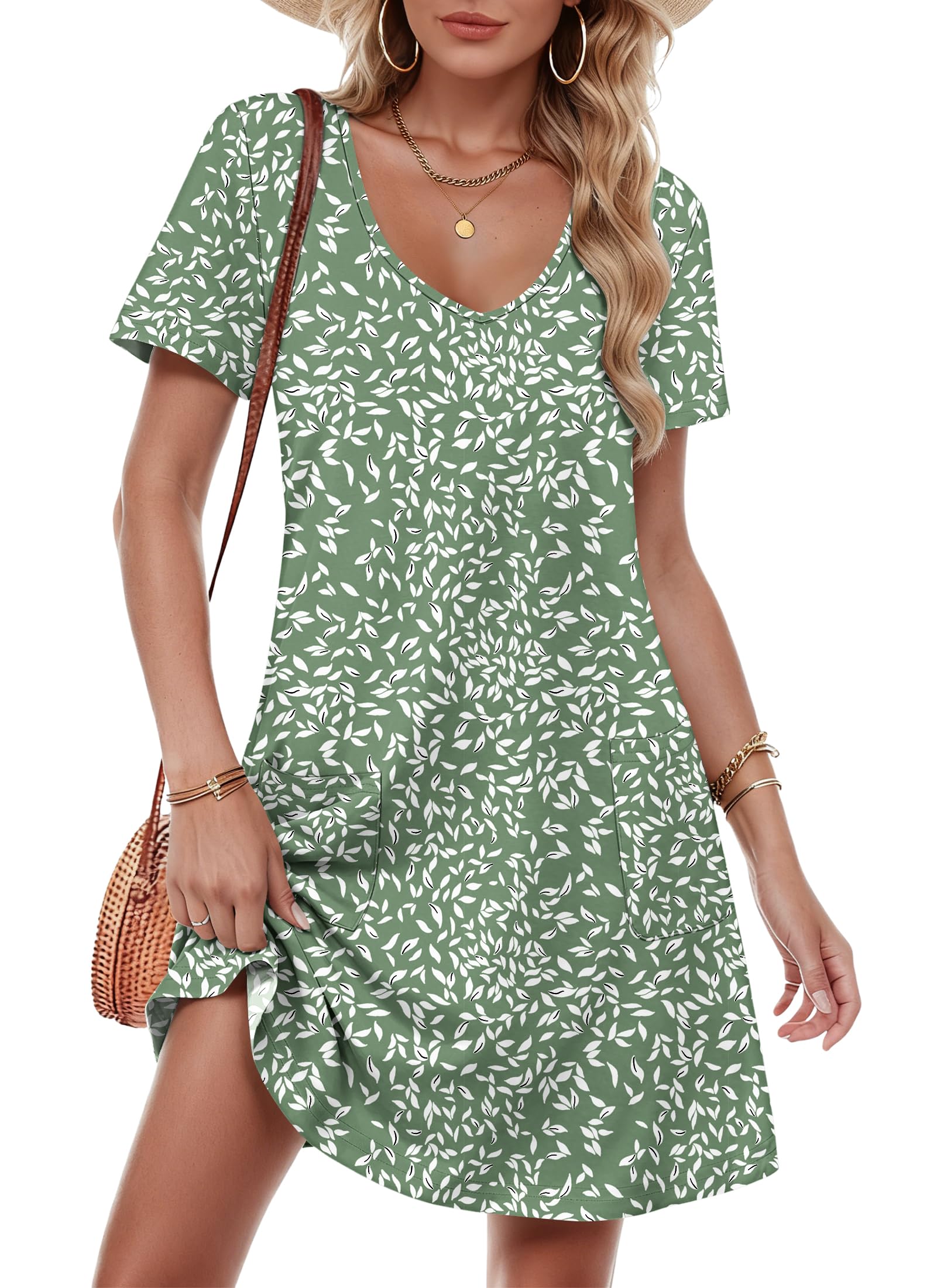 Molerani Women's Olive Green Summer Dresses - Short Sleeve V Neck Midi Dresss For With Pockets 2XL
