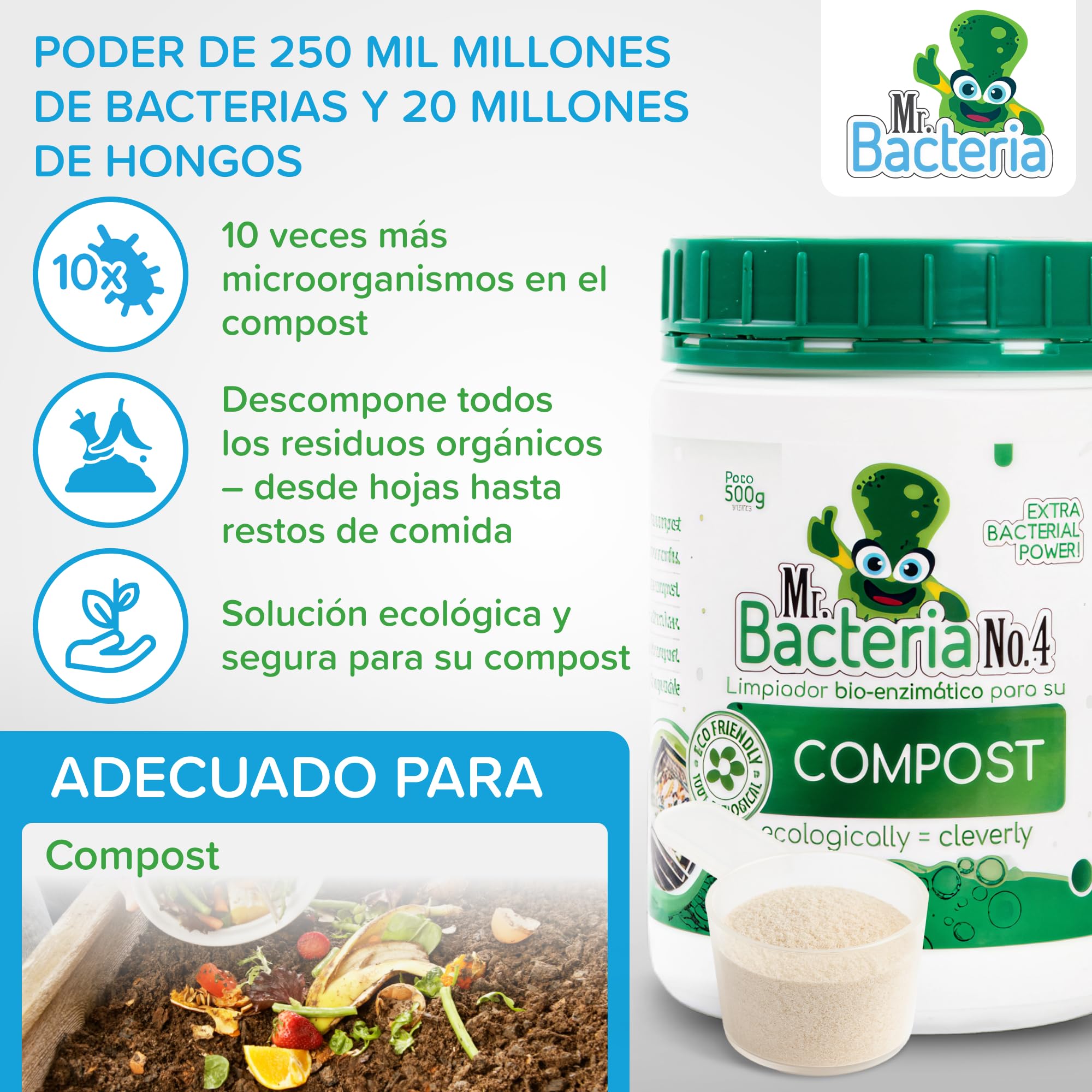 Mr. Bacteria No. 4. Limpiador Bio-enzimático para su Compost, Acelerador Orgánico de compostaje con microorganismos, Acelera y Mejora el compostaje 500 g - 1 Unidad