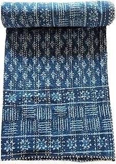crafts creation Blue Indigo Queen Size Kantha Quilt Vintage Handmade Indigo Print Kantha Bedspread