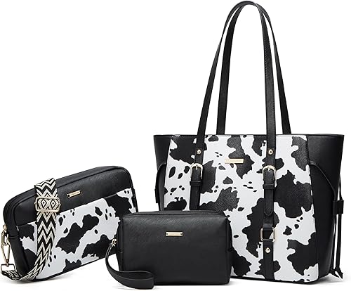 Miniatura 7 de Bolso de mano de cuero sintético de moda para mujer bolso de hombro asa superior juego de 4 unidades A-black &amp; Beige, A-black &amp; Brown,