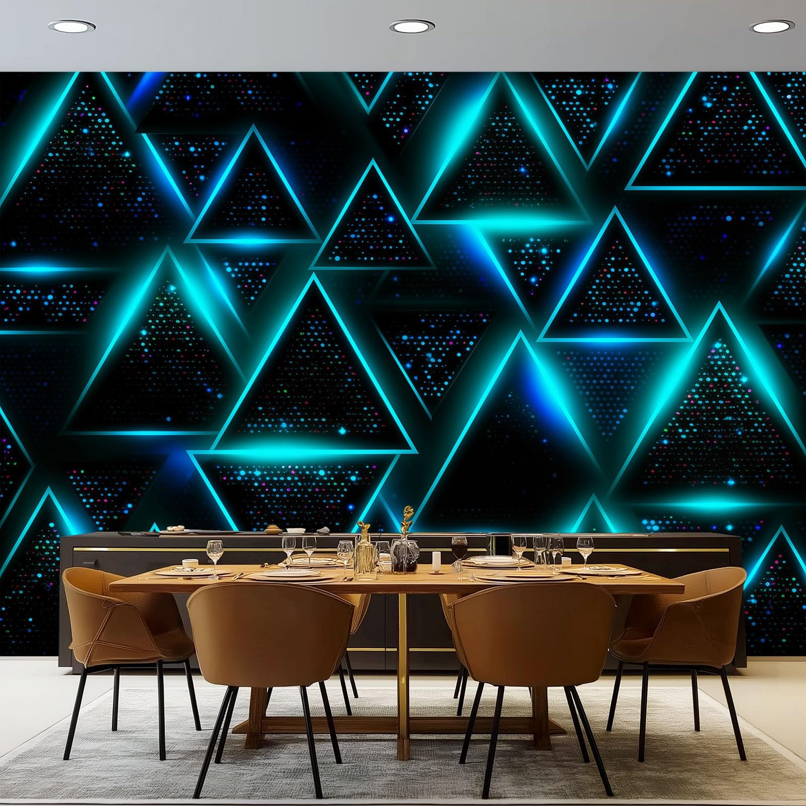 Wall Mural Wallpaper, Simple Blue Triangles Theme Non-Woven Wallpaper, Black 3D Effect Art Wall Murals for Bedroom Living Room Office Decor, 137.8" x 100.8" Photo Mural