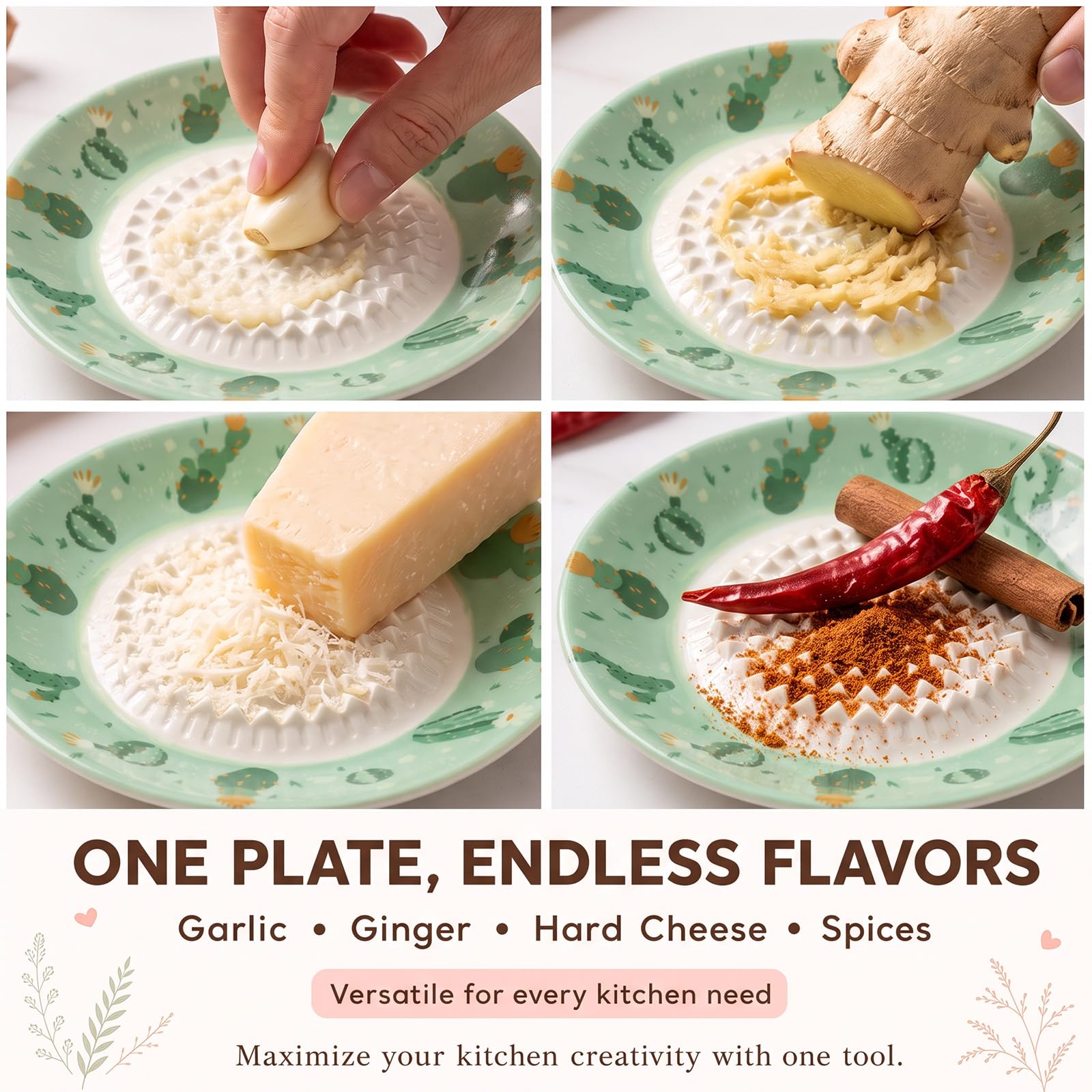 Garlic Grater Plate Set including Brush and Peeler, Dishwasher Microwave Safe, Green Cactus - Image 5