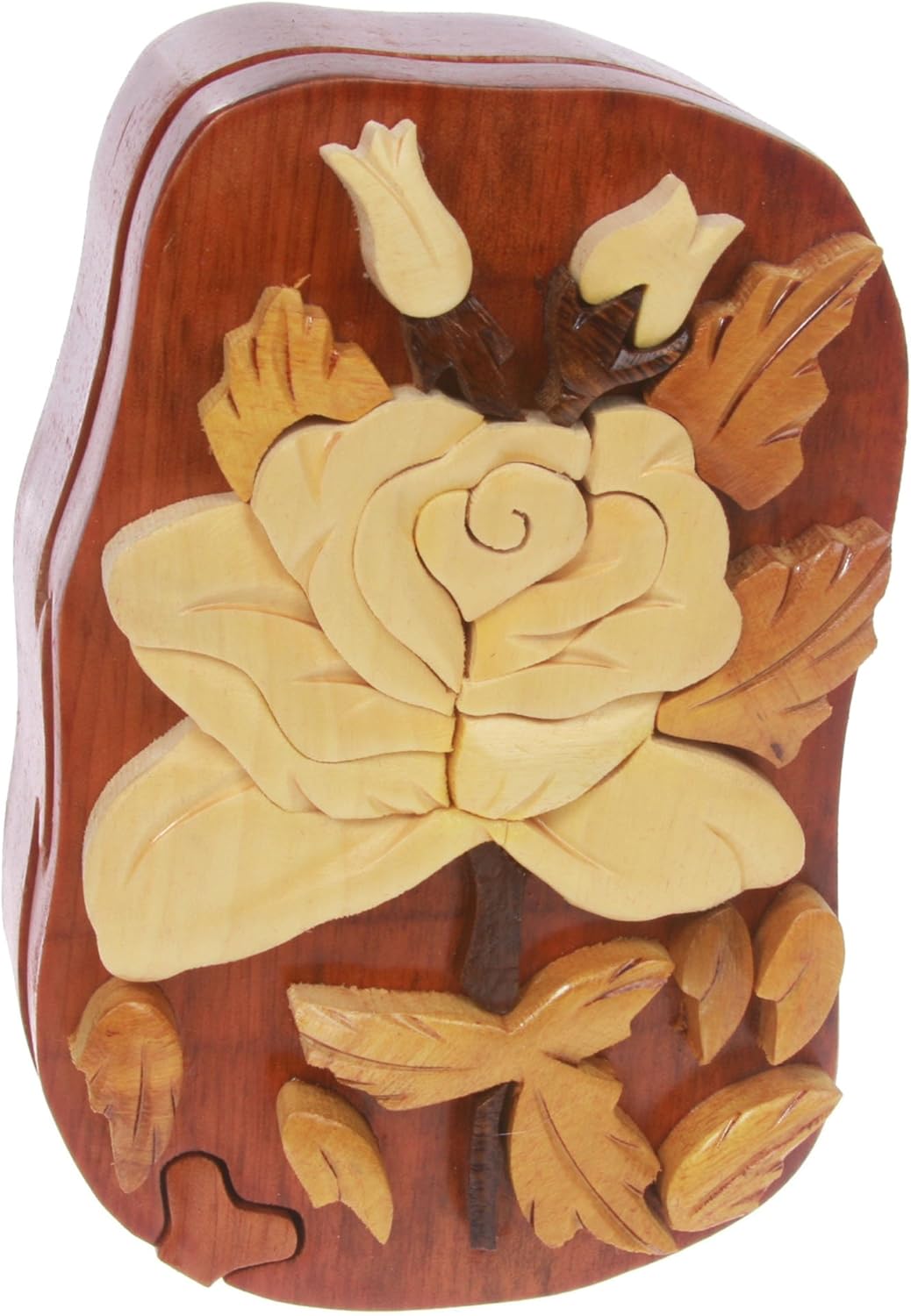 Handcrafted Wooden Rose Flower Shape Secret Jewelry Puzzle Box -Rose Flower