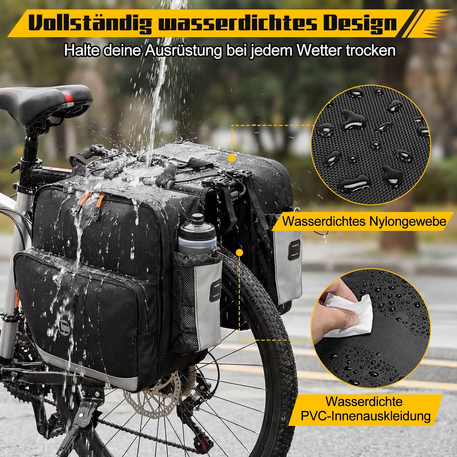 WOTOW Fahrrad-Satteltasche - 36L Wasserfeste Fahrrad-Heckgepäcktasche mit Reflektierenden Streifen und Griffen, Elektrische Fahrradsatteltaschen für Radfahren, Reisen und Pendeln