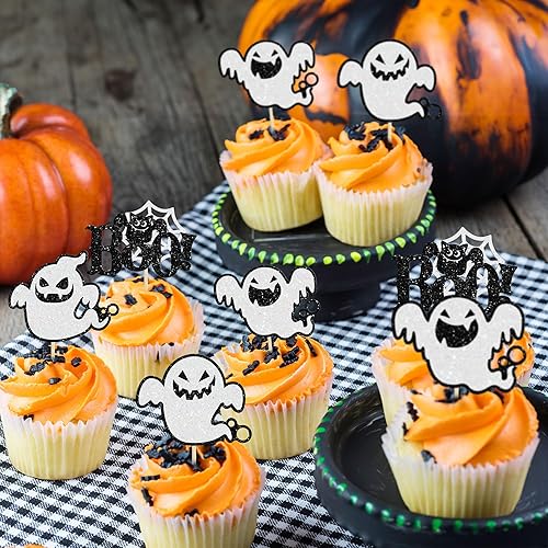 Miniatura 183 de Ephlyn 24 adornos para cupcakes de Halloween con purpurina para Halloween, murciélagos, calabaza, fantasma, decoración de cupcakes para temática