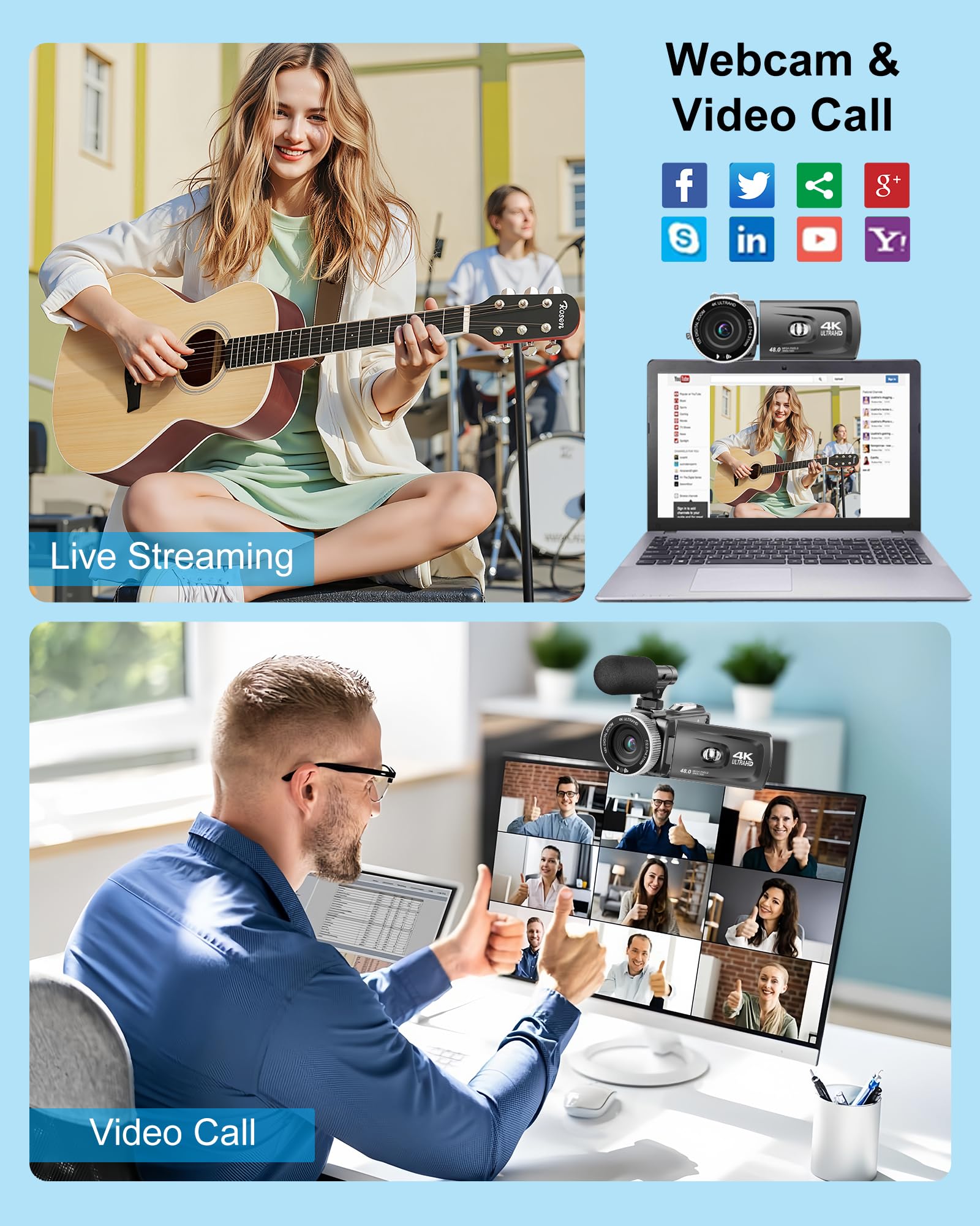 Videocamera 4K 48MP 60FPS UHD per YouTube Vlogging Zoom digitale 18X 3" IPS 270° Flip Screen Videocamera con microfono Lavalier wireless, scheda SD da 32 GB, 2 batterie e telecomando