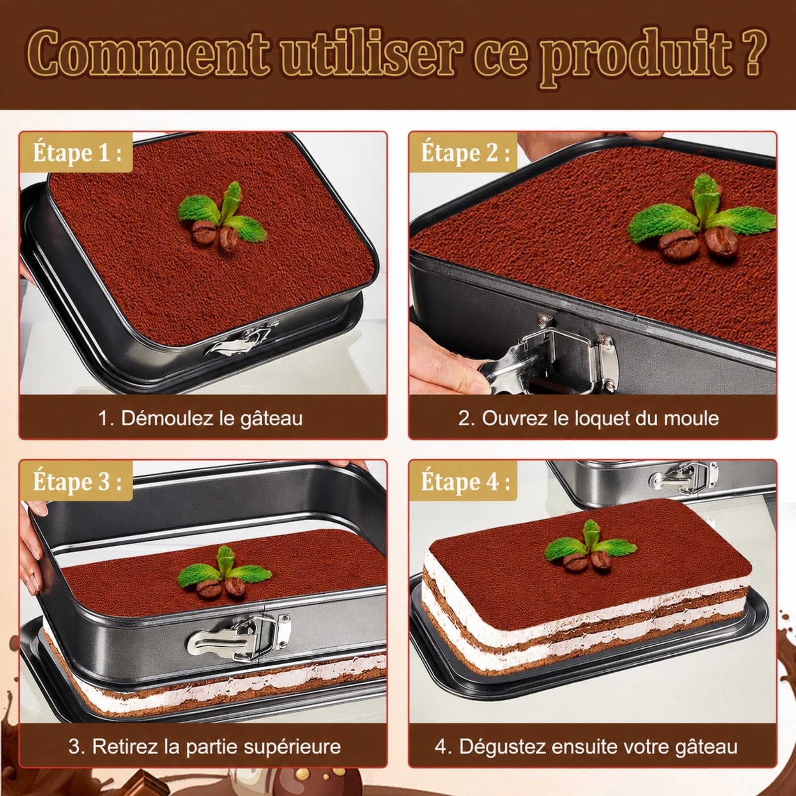 Juego de 2 moldes con bisagras rectangulares antiadherentes, molde para tarta de queso 36 x 24 cm, molde para tartas con fondo extraíble, impermeable, ideal para tiramisú, hielo, pastelería para casa