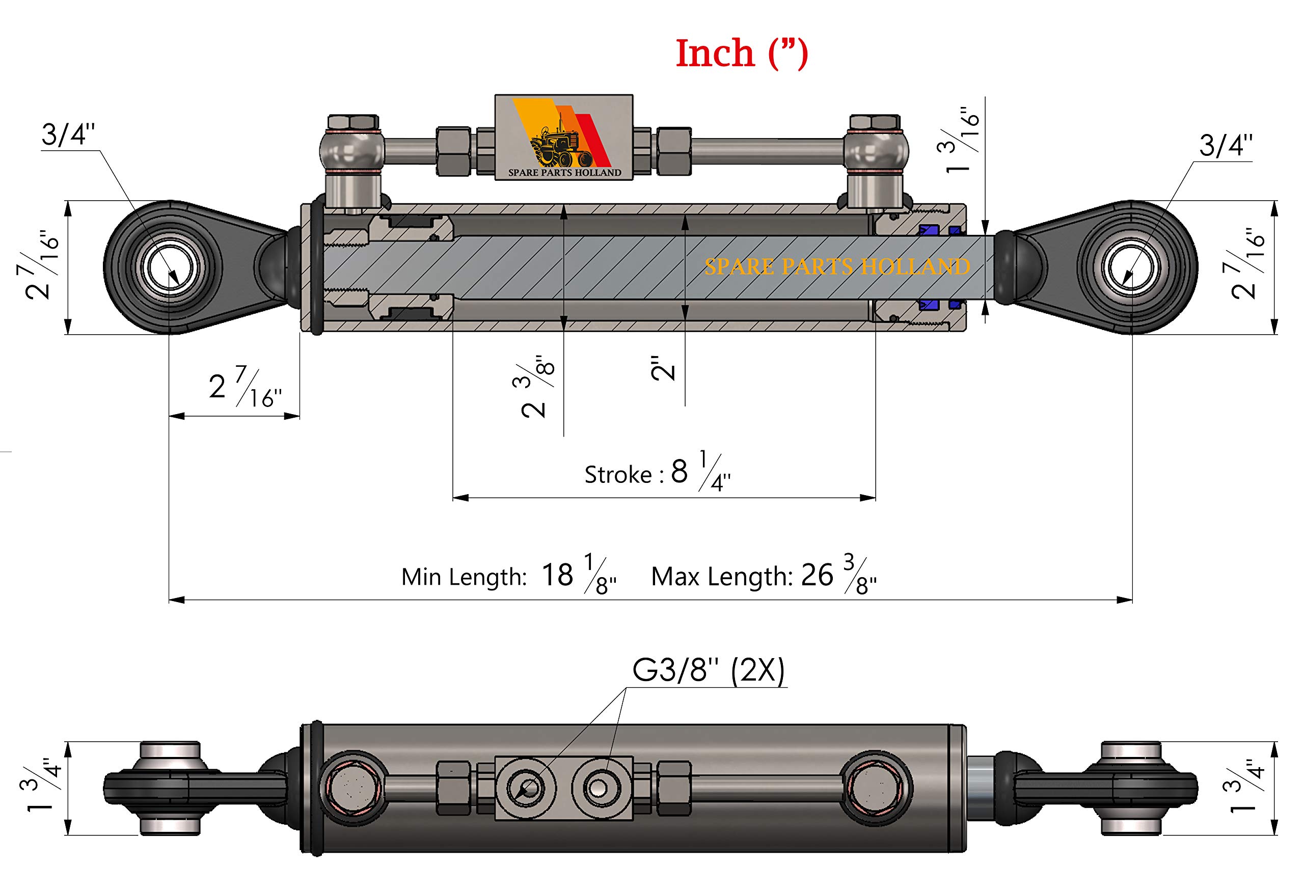 Tercer Punto Hidráulico Cat 1 460-670 mm con Bloque de Bloqueo y 2 Mangueras