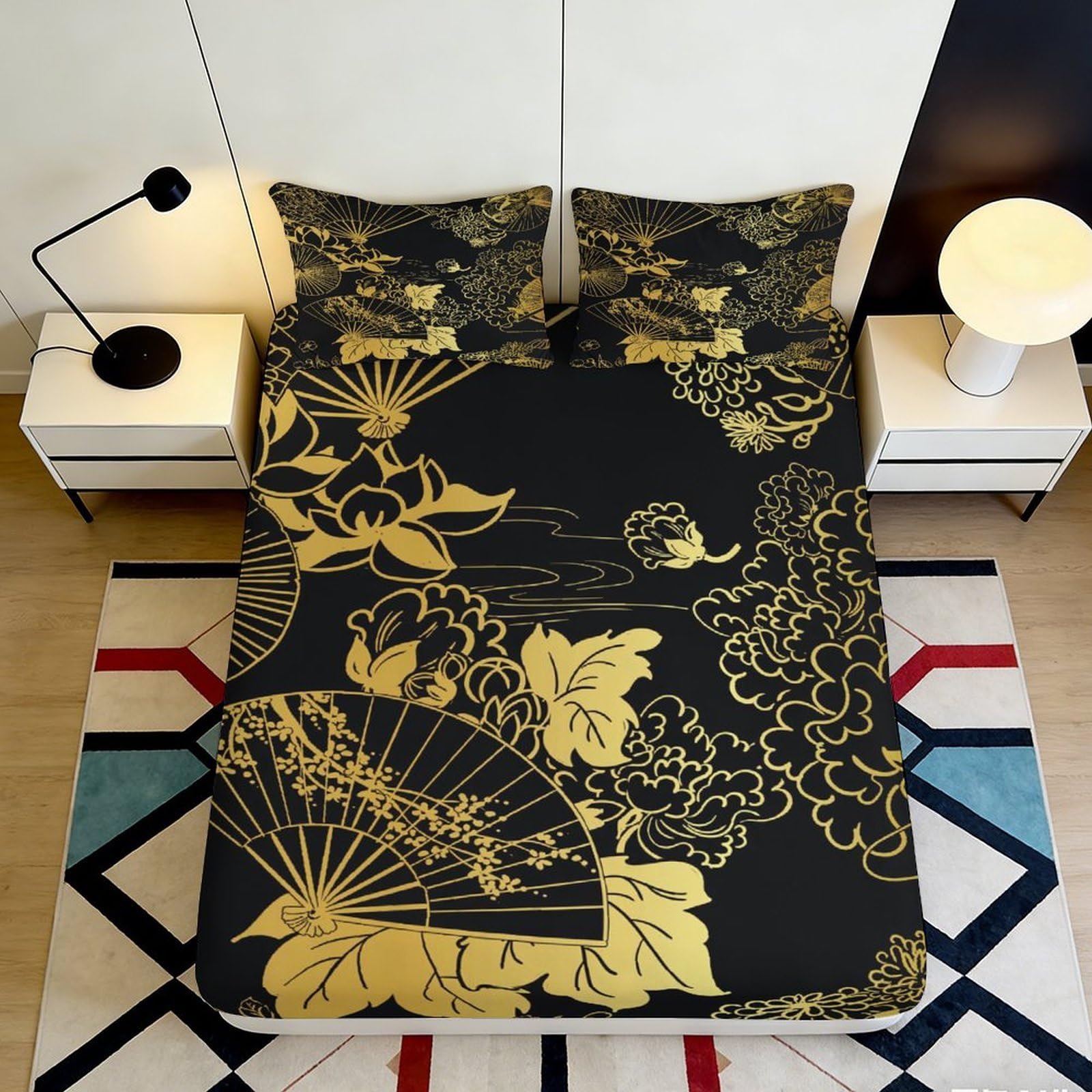 3D Printed Oriental Floral Fitted Sheet Microfiber Deep Pocket Non-Slip Bedroom Bedding, Oriental Floral Mattress Fitted Cover Elastic Hem Washable for Home 200x200x25cm 90x200x25cm