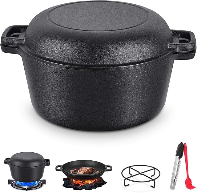 WOSTOO Dutch Oven, 4.7L Pre Seasoned Cast Iron Dutch Oven with Lid - Dual Function Cast Iron Pot, Pot for BBQ Cooking Baking Outdoor Camping