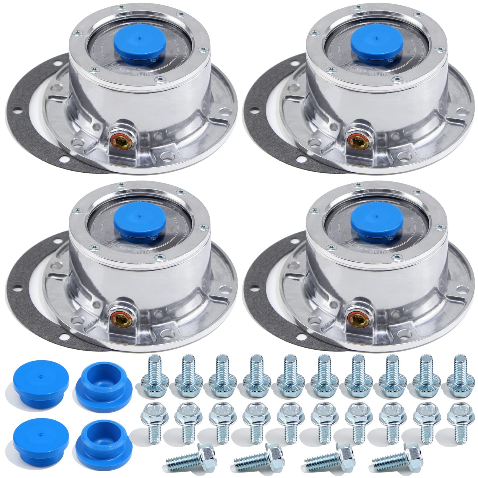 GREPSPUD 4Set 343-4009 Trailer Hub Caps, 3434009 6 Holes Aluminum Hub Cap for Trailer Axle, with 24Pcs Bolts, Side Pipe Plug, Gasket & Extra 4Pcs Blue Rubber Plugs, TR3434009 Semi Truck Hubcaps