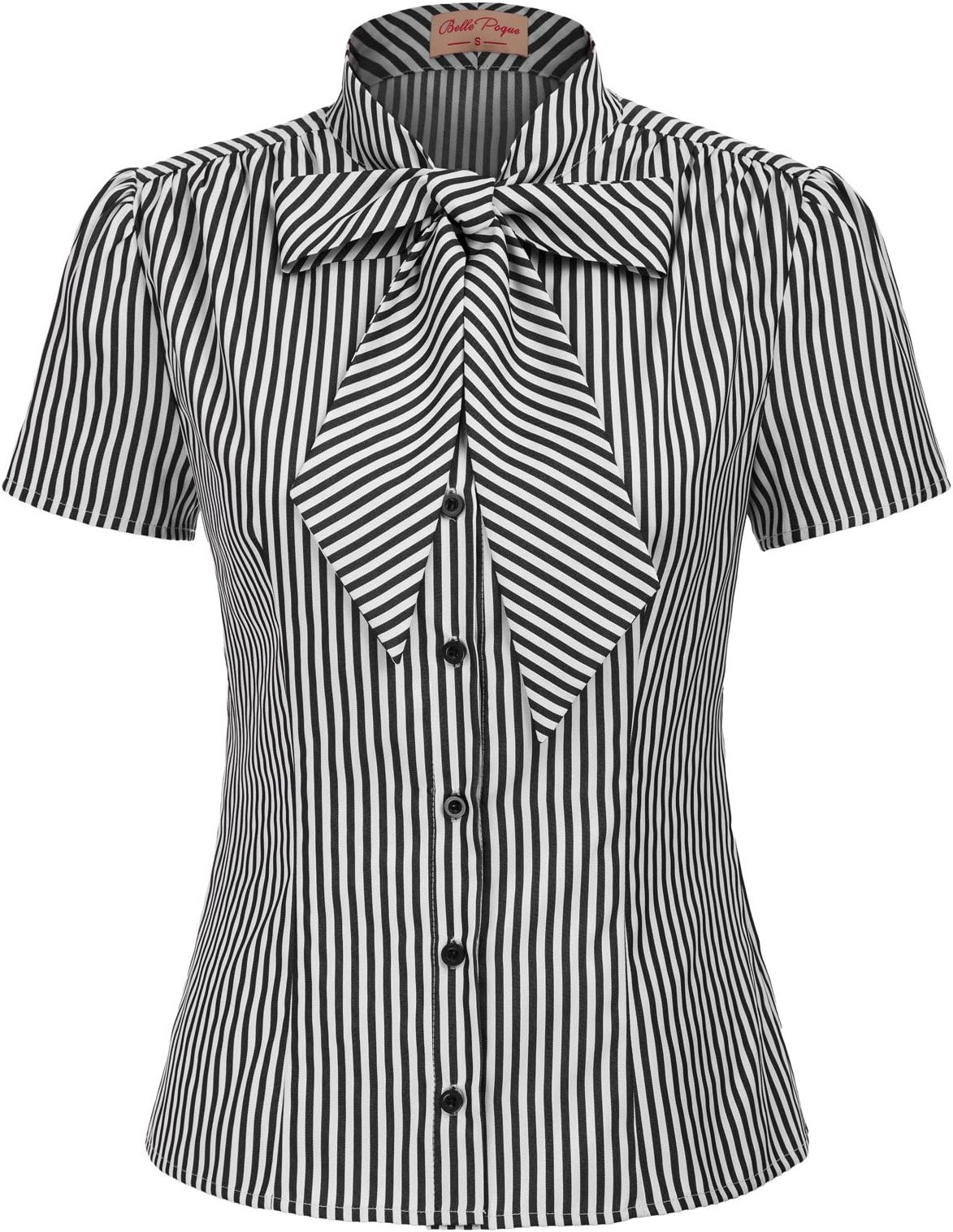 Belle Poque Bow Tie Button Down Top Blouse Summer Shirt XL BP573-2, Black Stripe